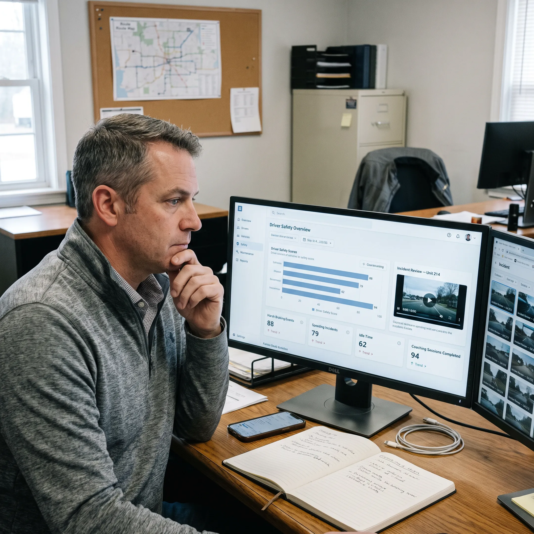 Fleet manager analyzing driver risk trends on a safety management platform