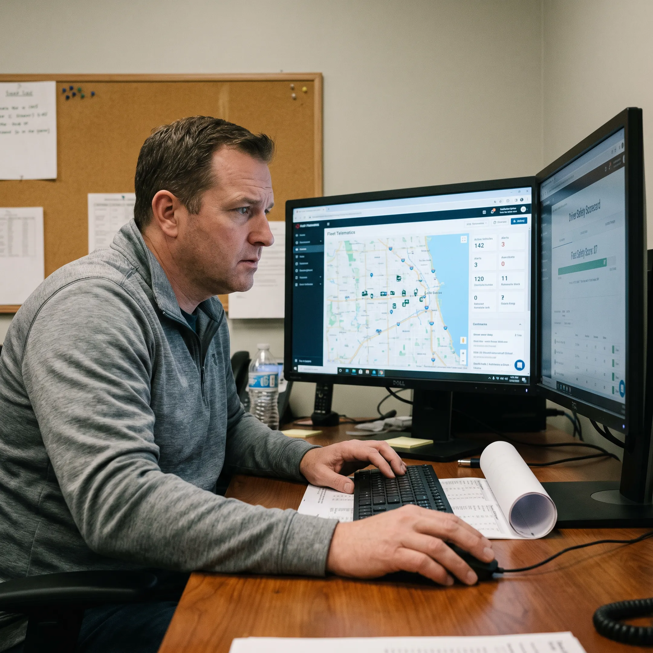 Fleet manager reviewing vehicle safety and GPS tracking data