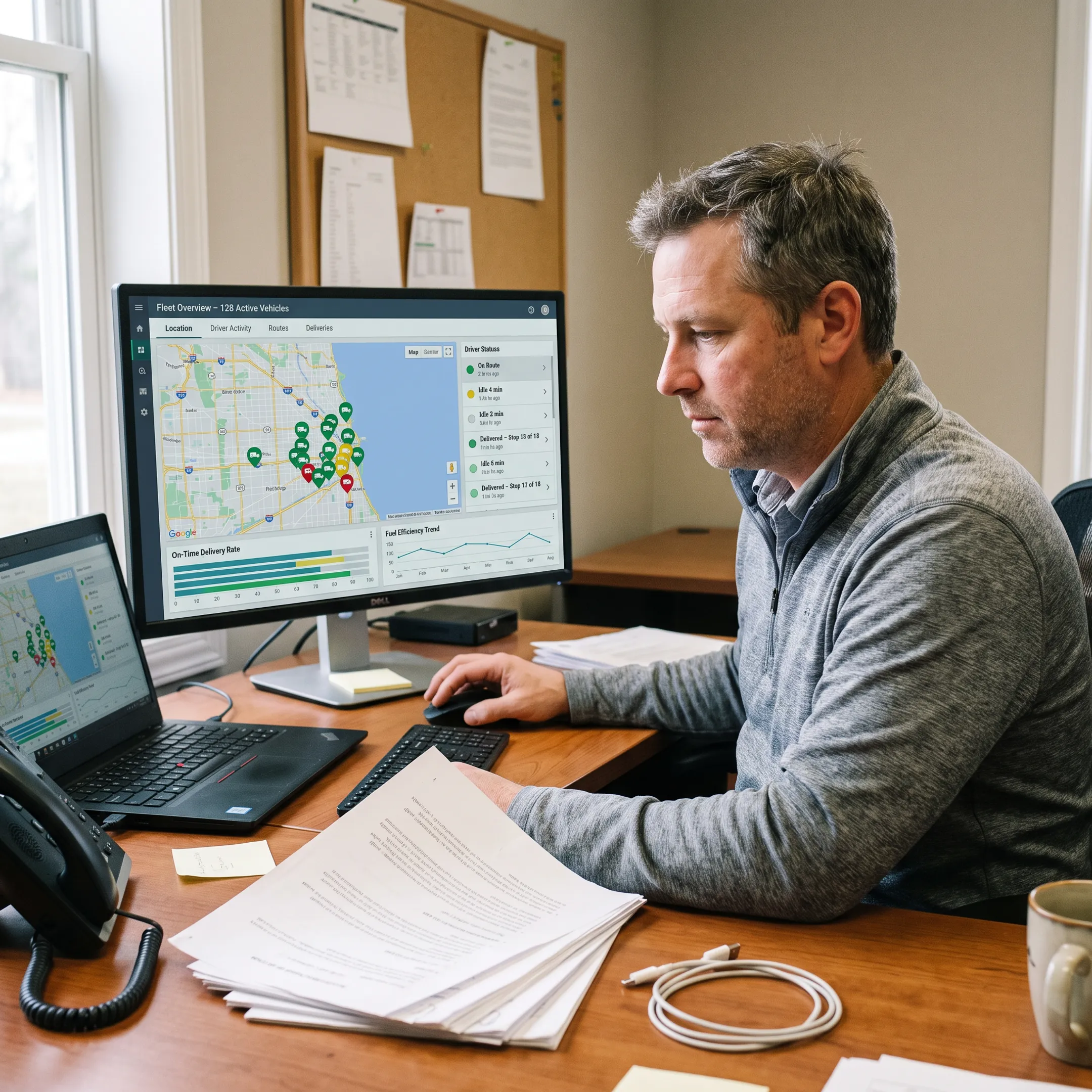 Fleet manager reviewing commercial vehicle tracking dashboard