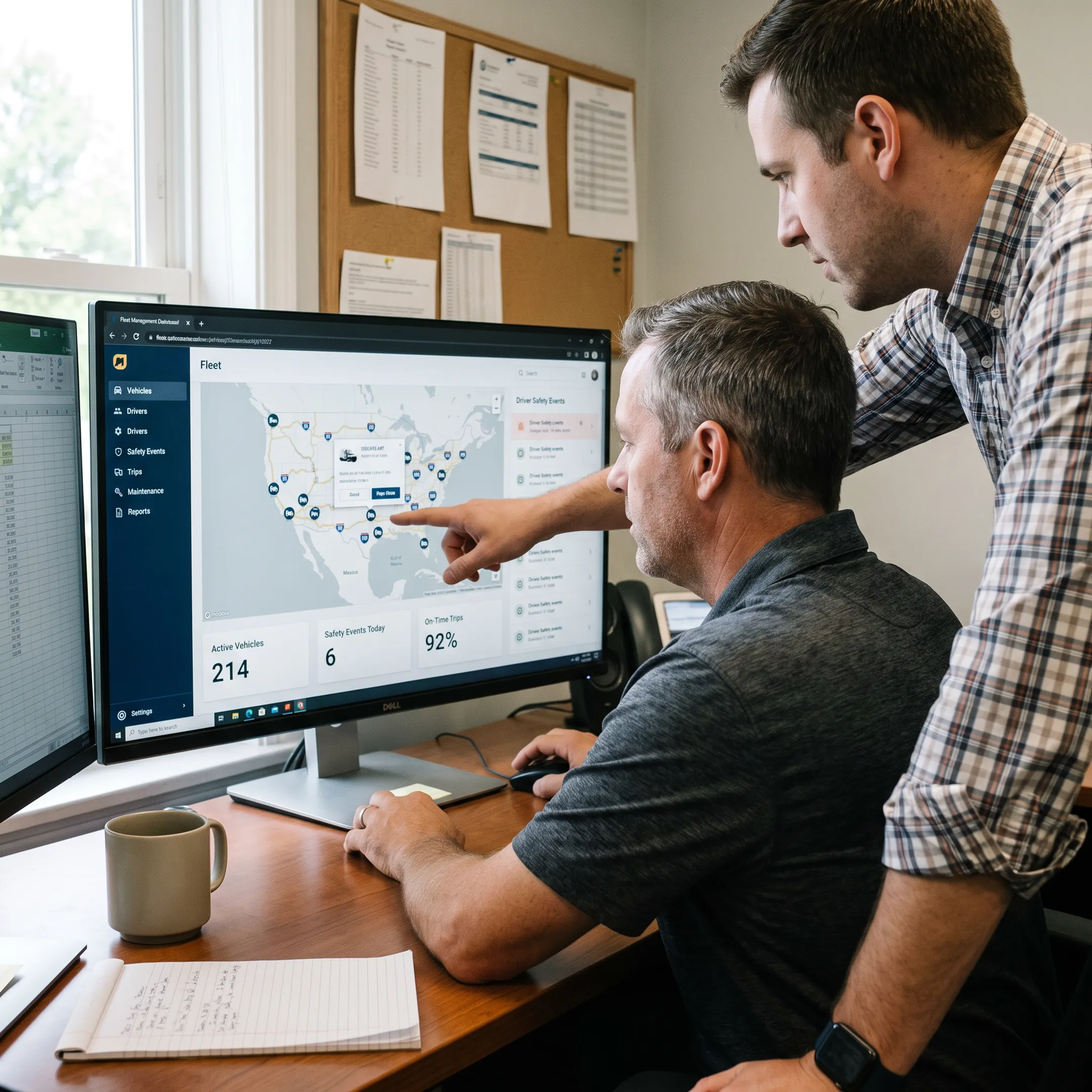 Commercial fleet dashboard showing tracked trucks and driver insights