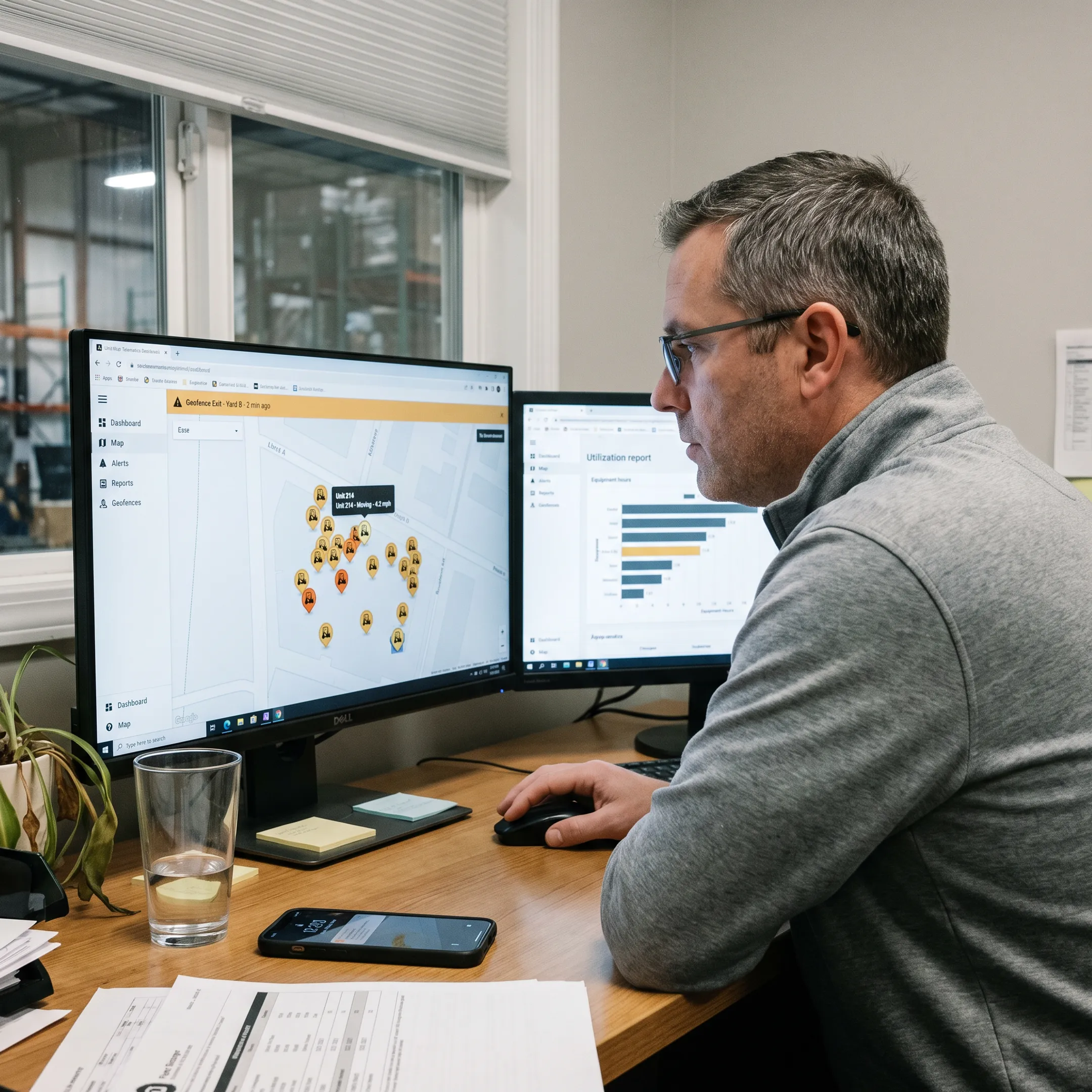 Manager reviewing forklift locations and equipment activity on a dashboard