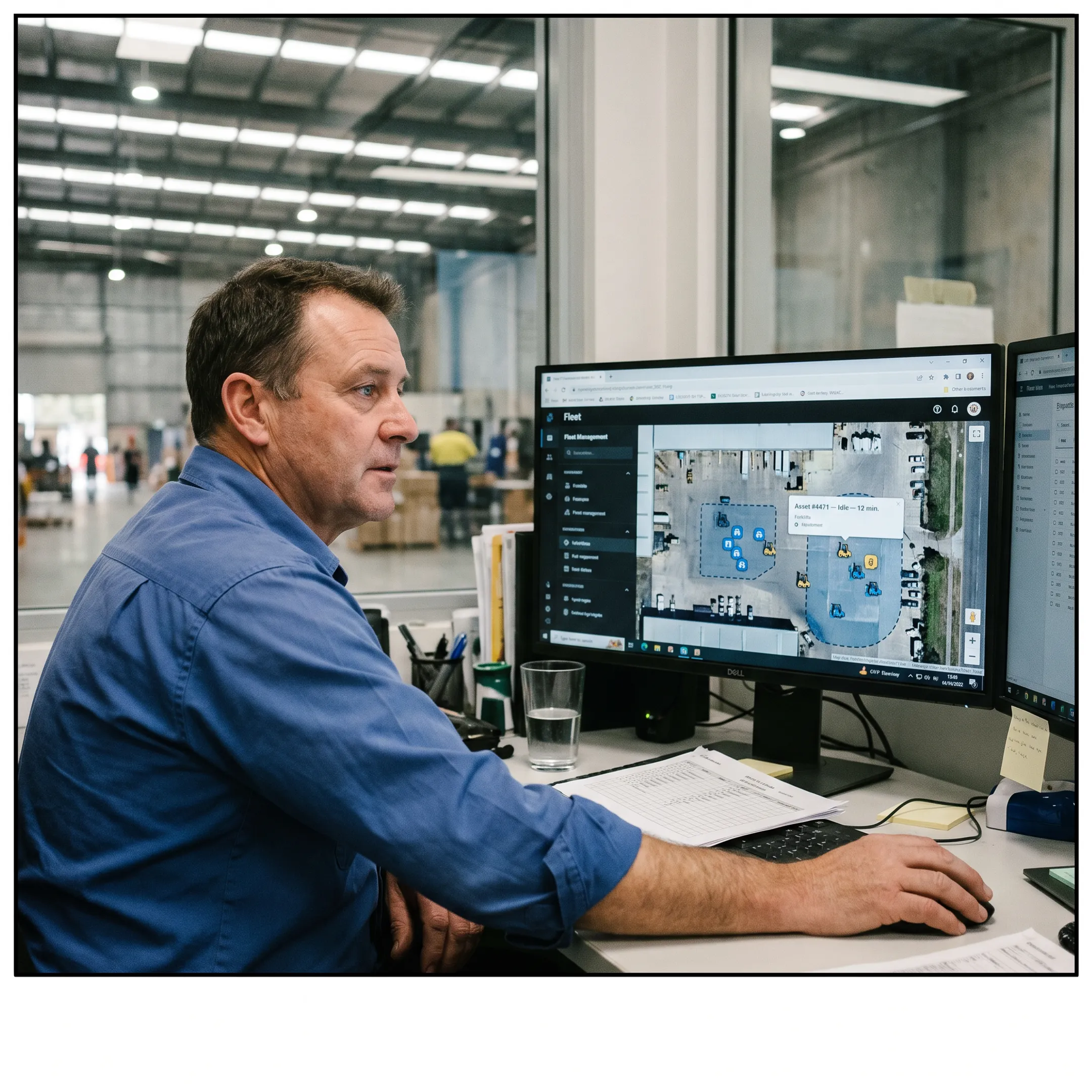 Forklift and heavy equipment tracked on a fleet management dashboard