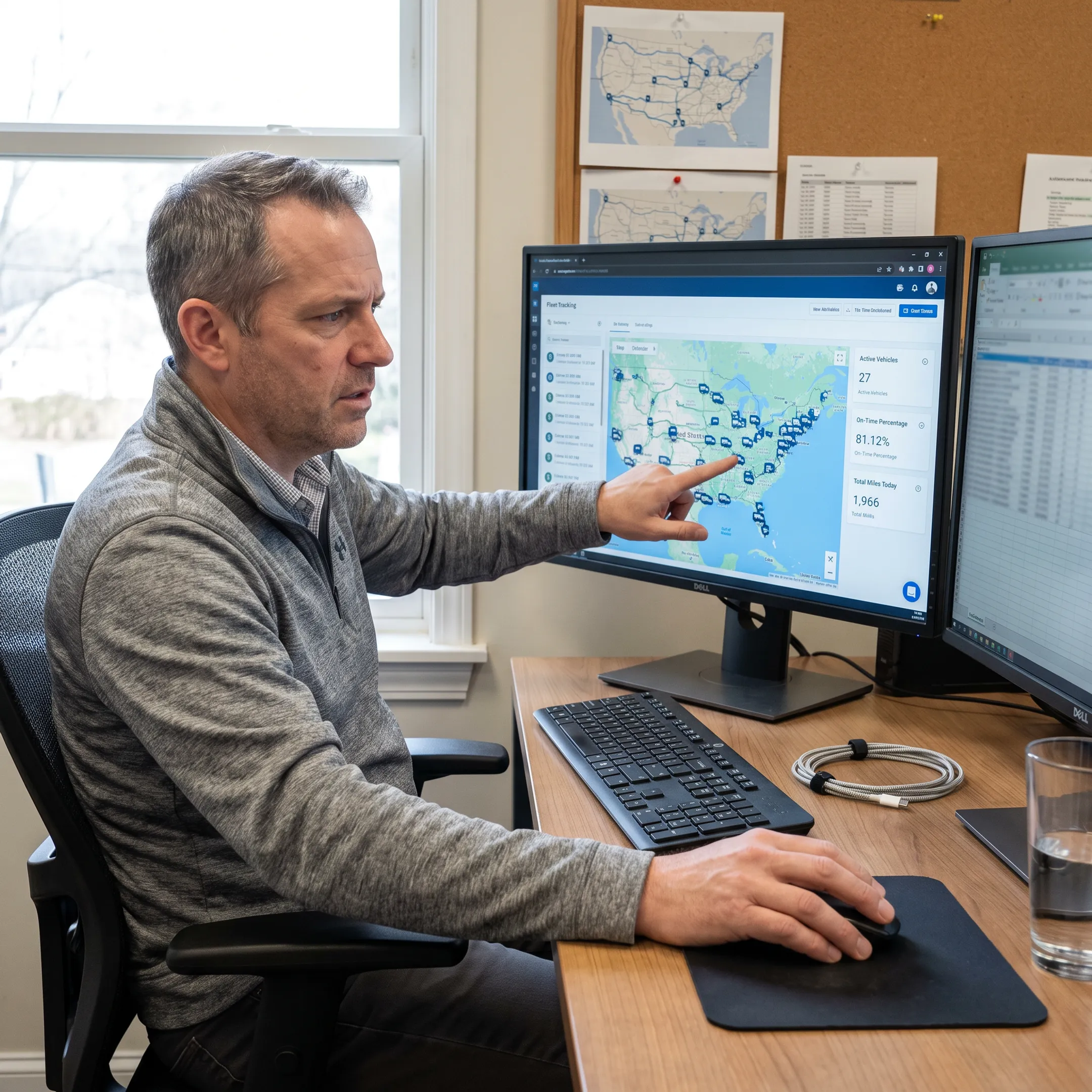 Fleet manager reviewing truck shipment locations
