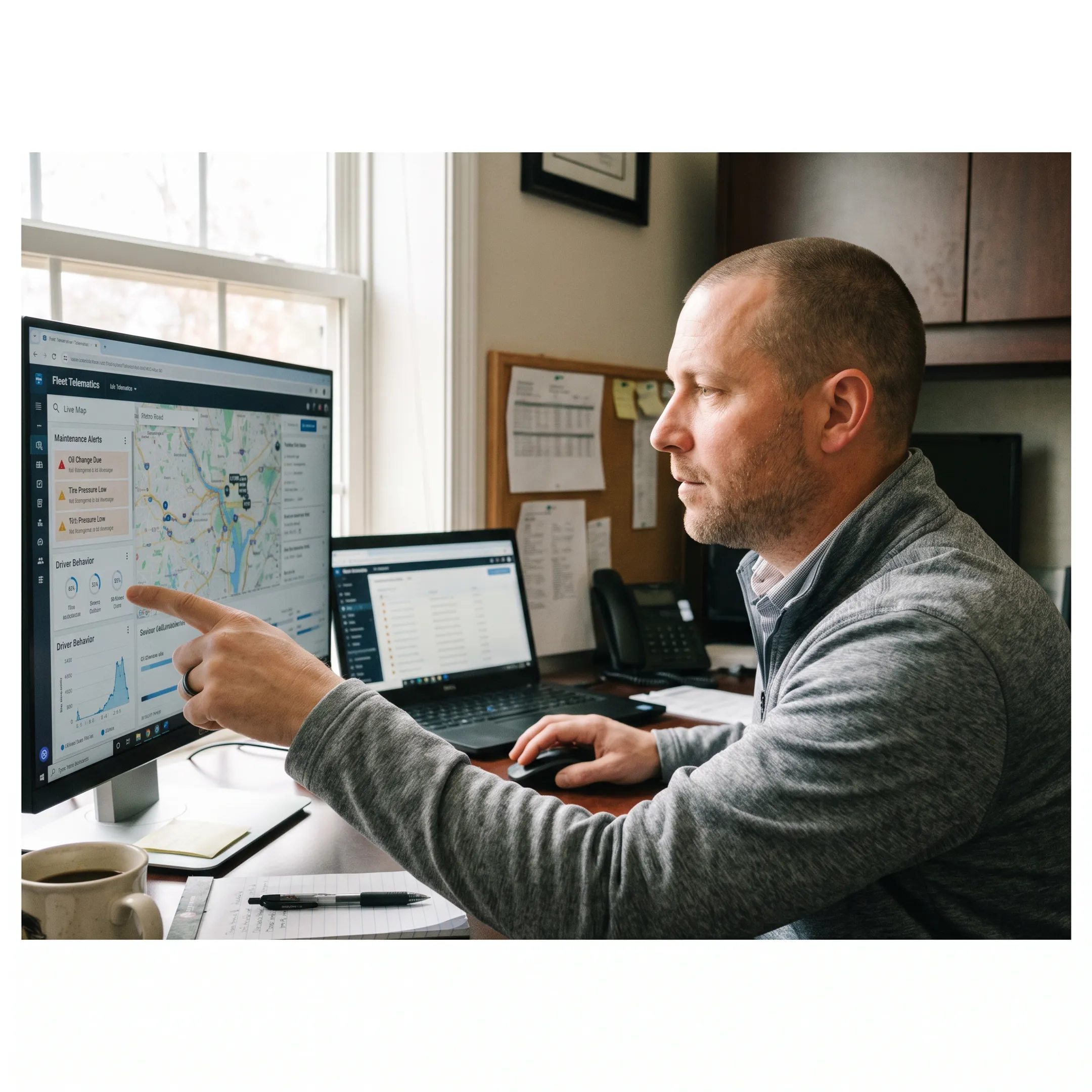 Fleet manager reviewing live vehicle locations and driver data on a digital dashboard