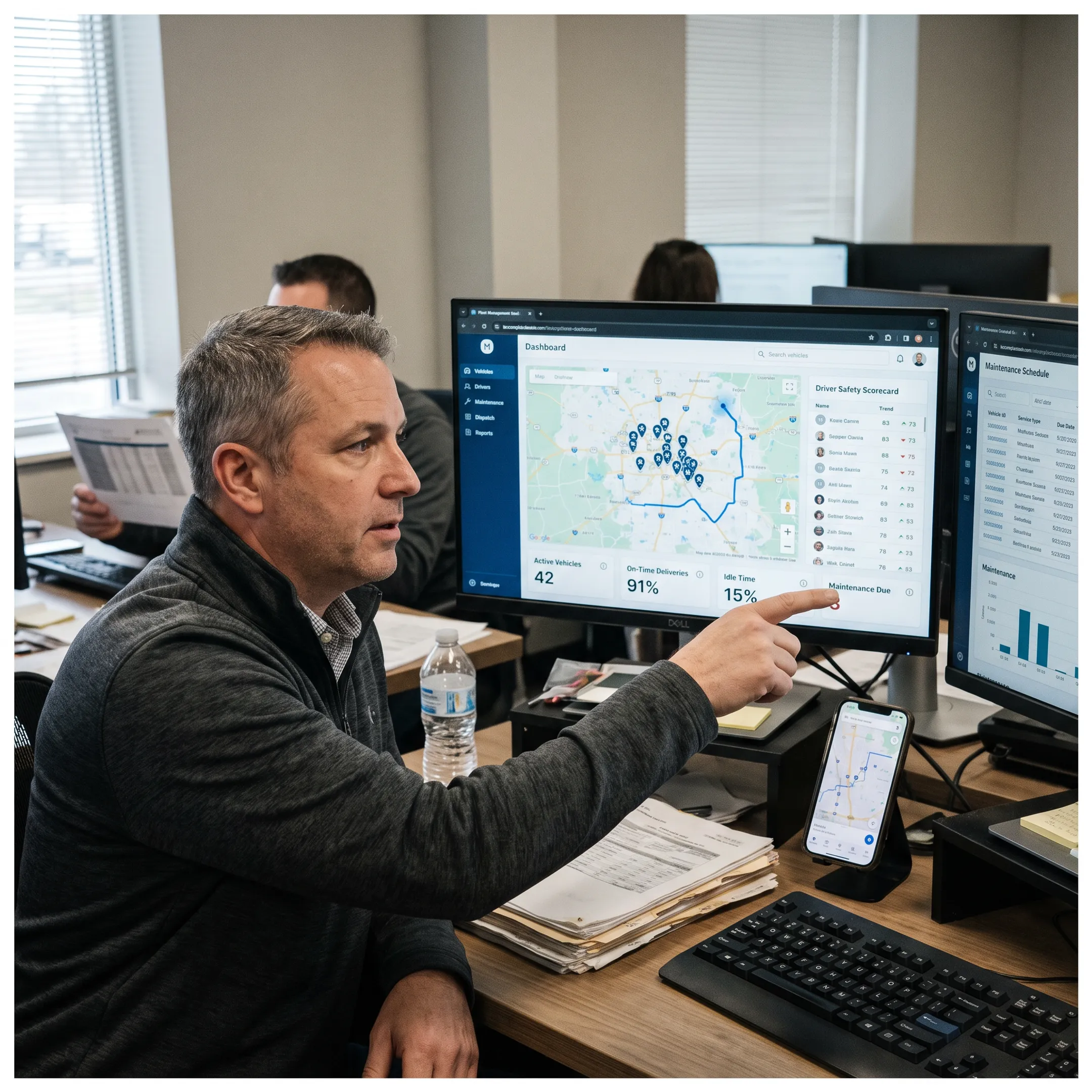 Operations manager analyzing fleet performance and safety data