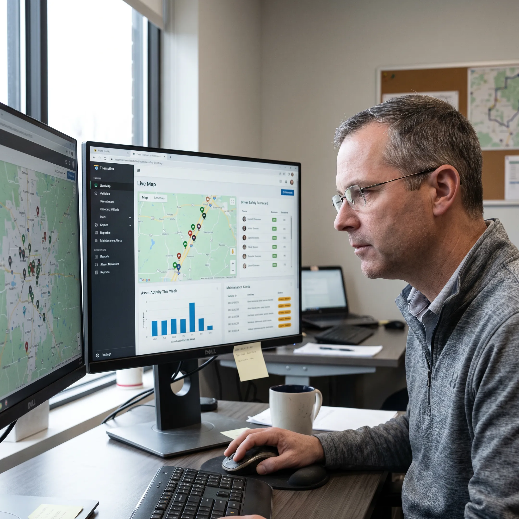 Fleet manager reviewing wireless telematics data on a digital dashboard