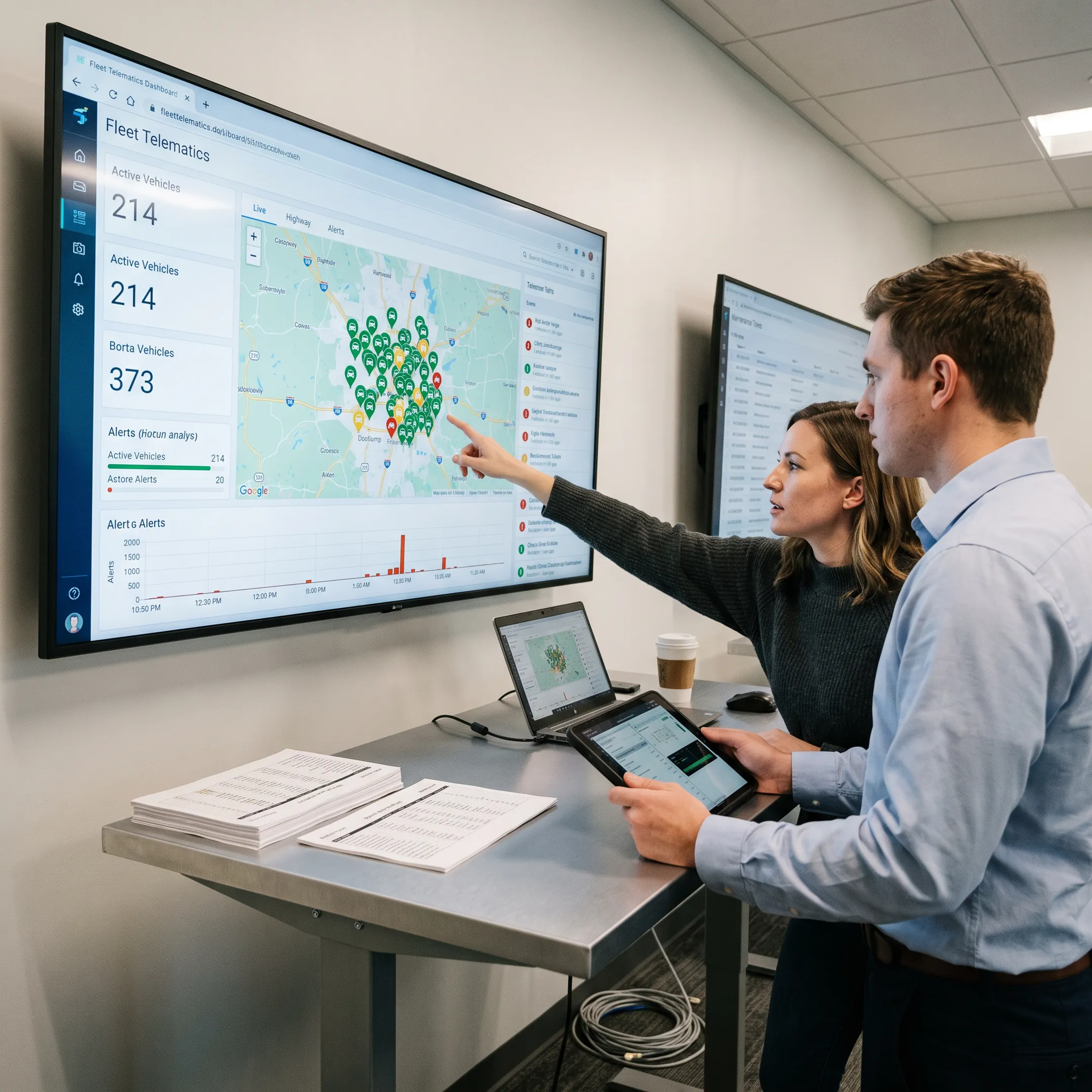 Operations team analyzing connected fleet performance data
