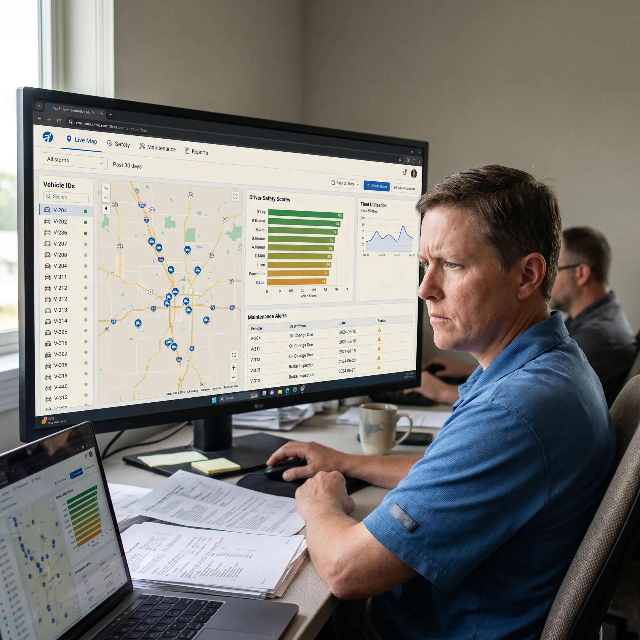 Operations manager reviewing live vehicle and driver data