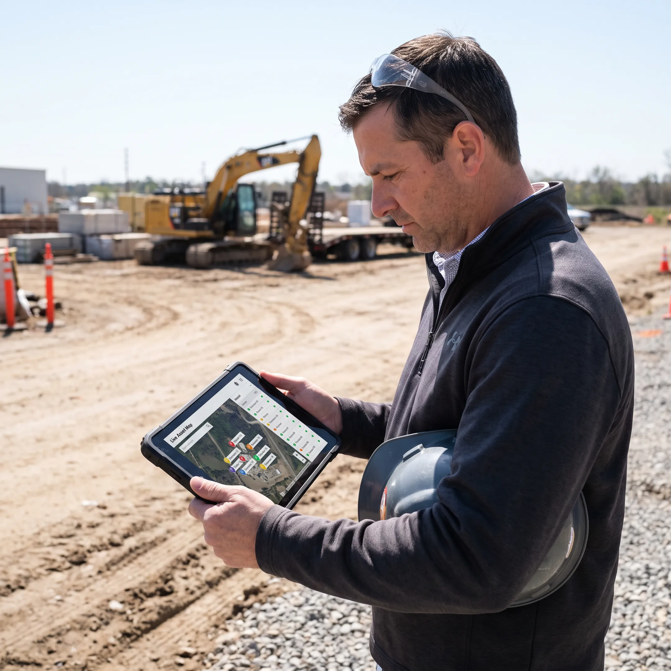 Manager viewing tracked equipment locations on a tablet