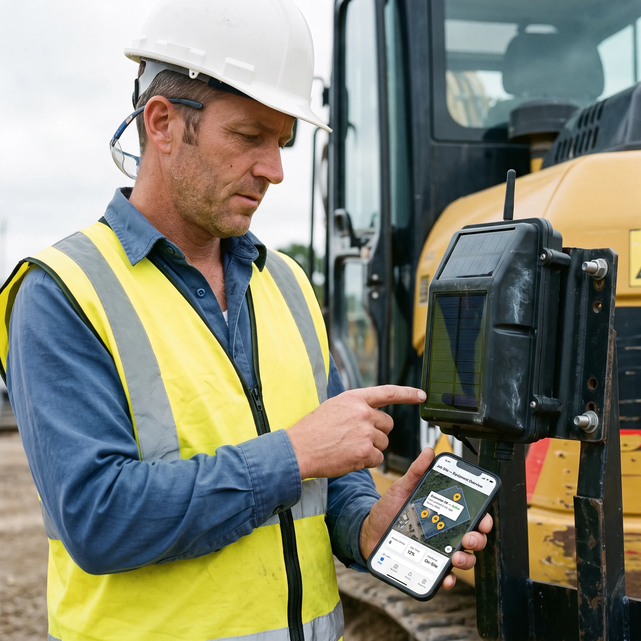 Solar powered GPS asset tracker mounted on construction equipment