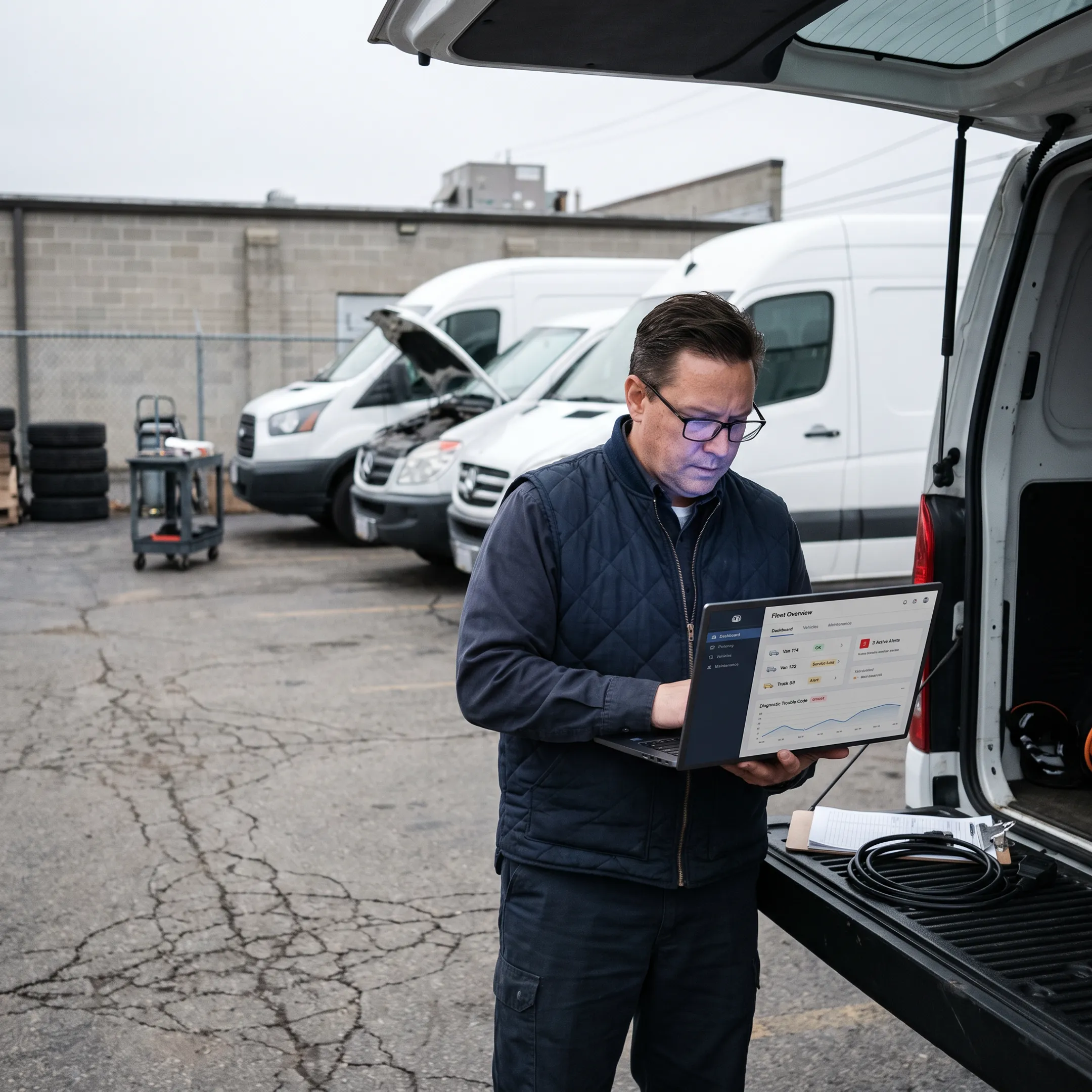 Commercial fleet vehicles monitored through maintenance and tracking software