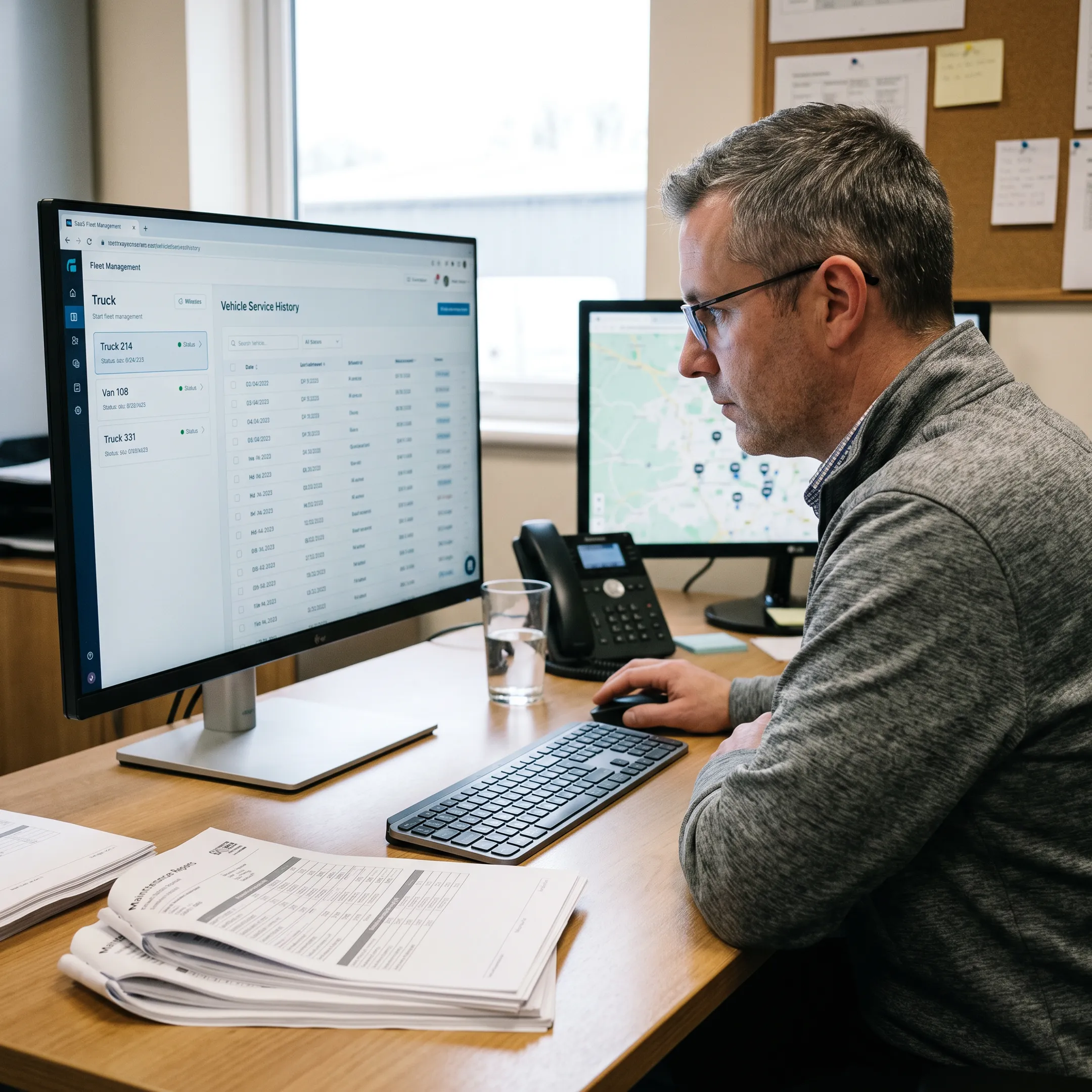 Fleet manager reviewing vehicle maintenance dashboard