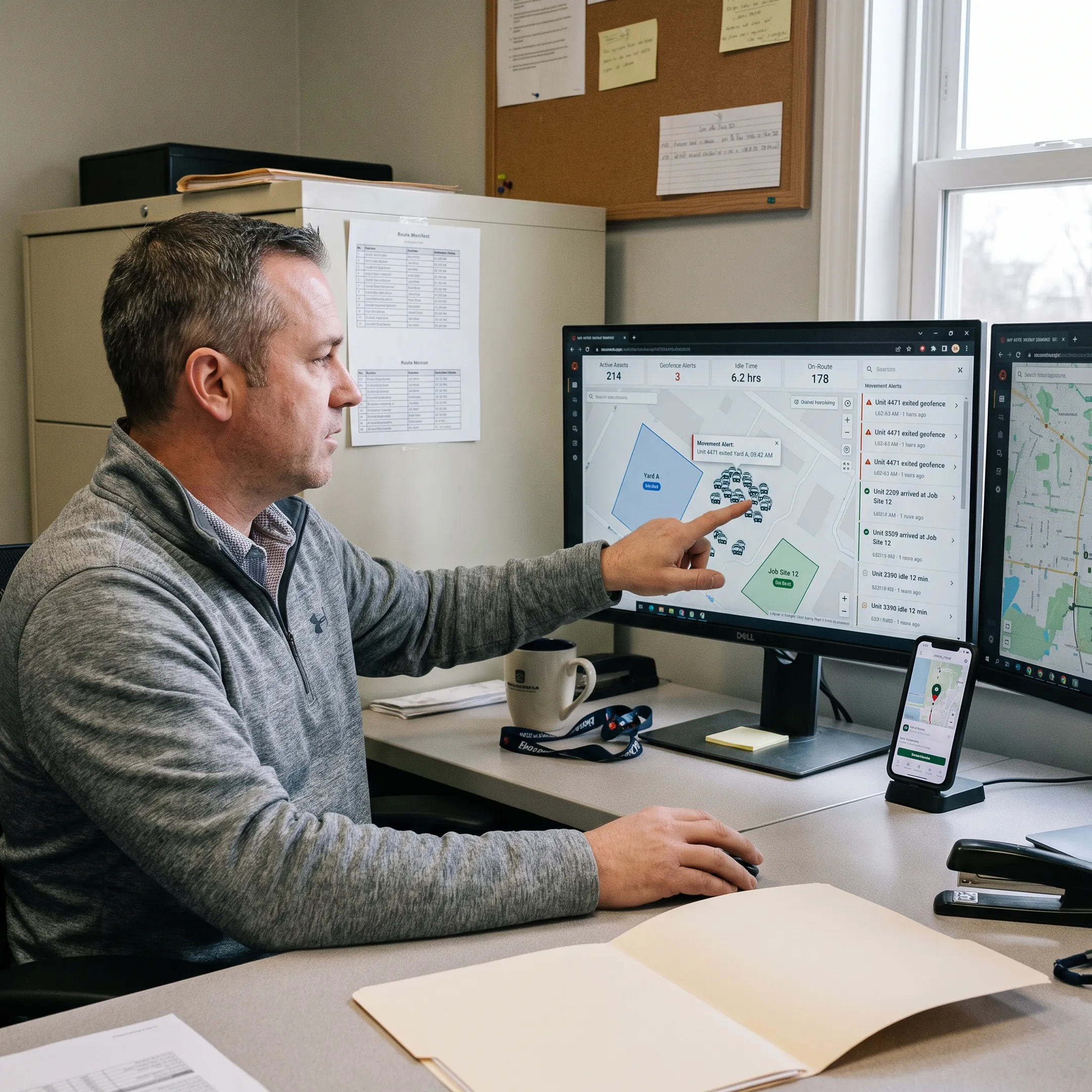 Operations manager reviewing GPS-tracked equipment locations