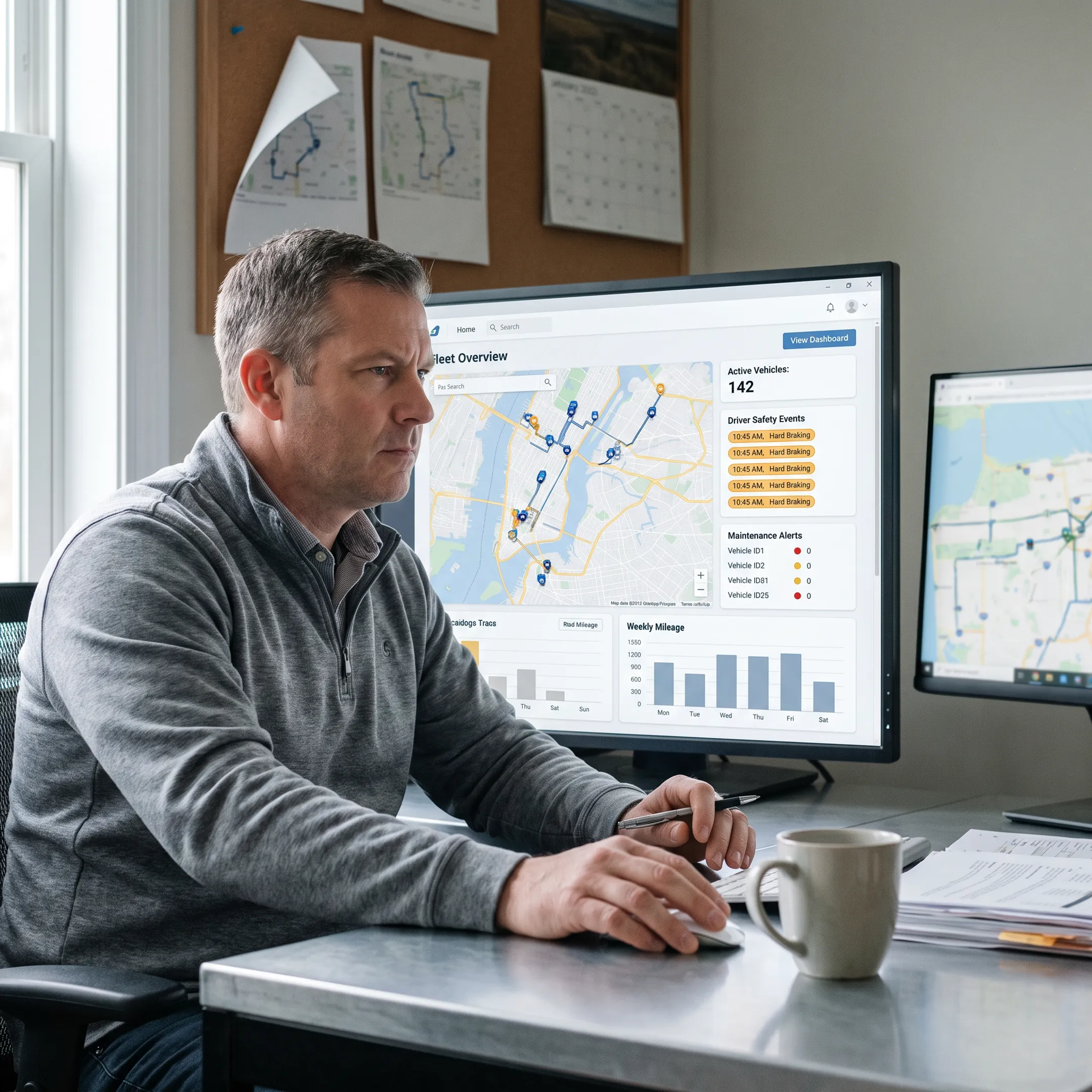 Operations manager analyzing fleet GPS and safety data