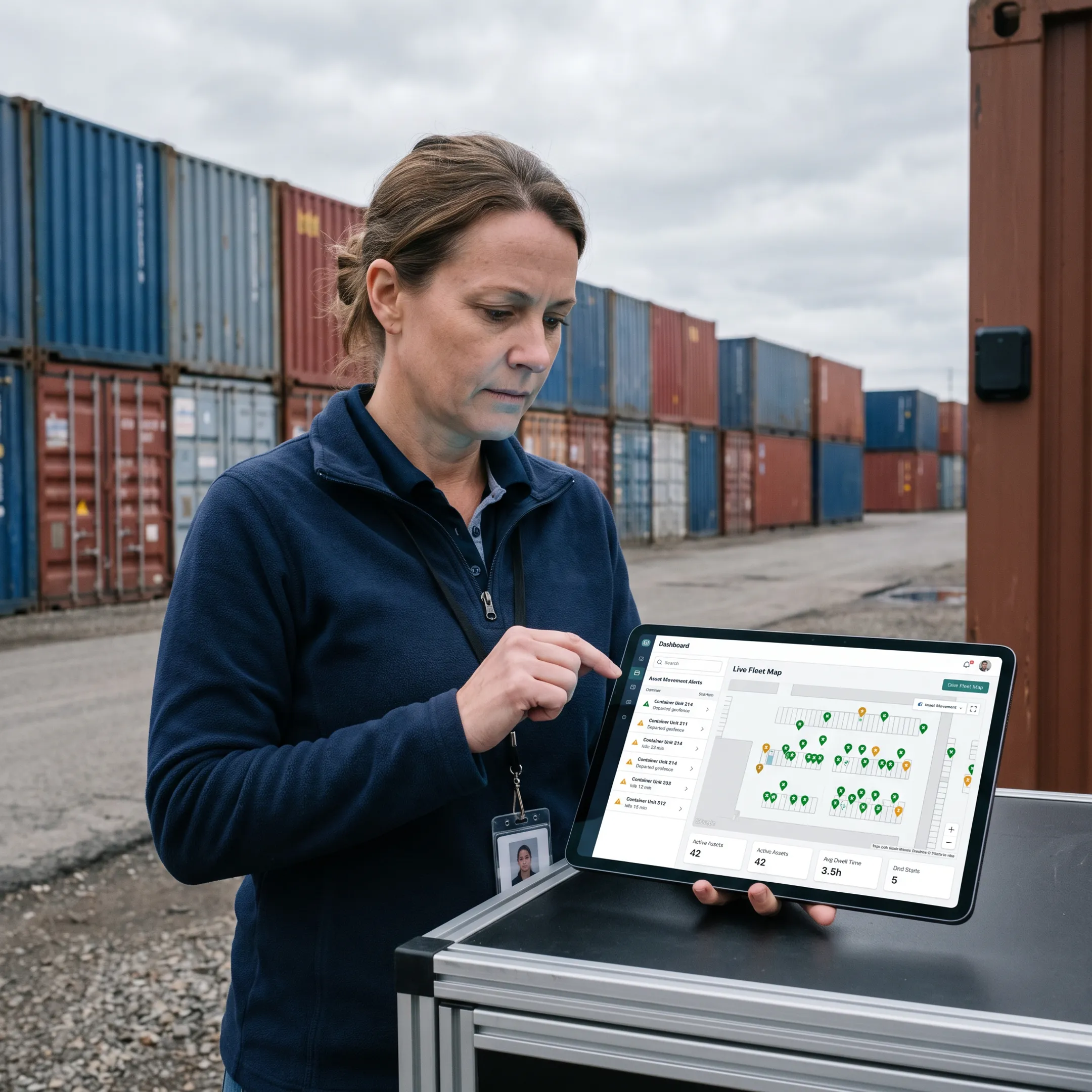 GPS-tracked shipping container at a commercial yard