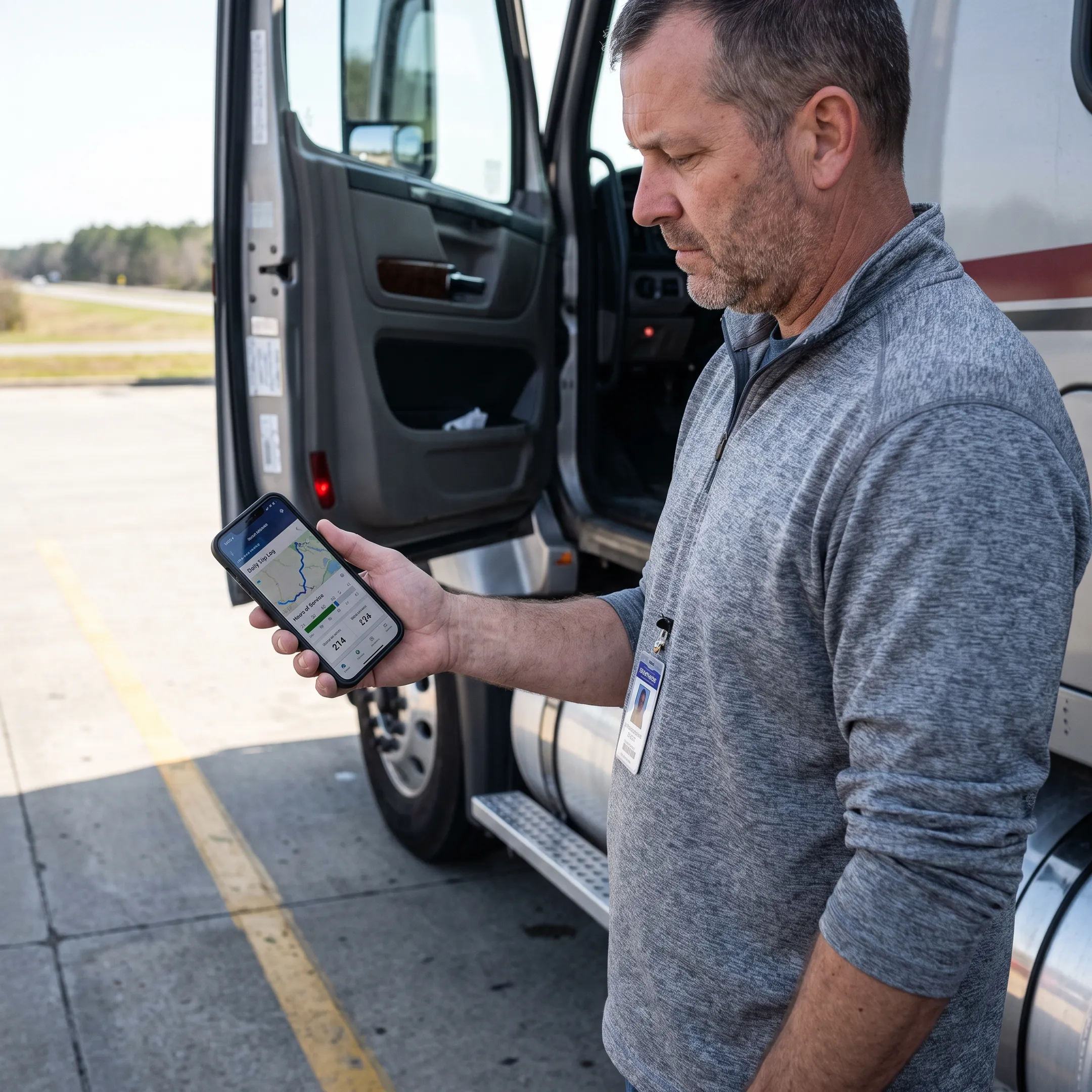 Driver reviewing daily trip logs on a mobile fleet management app