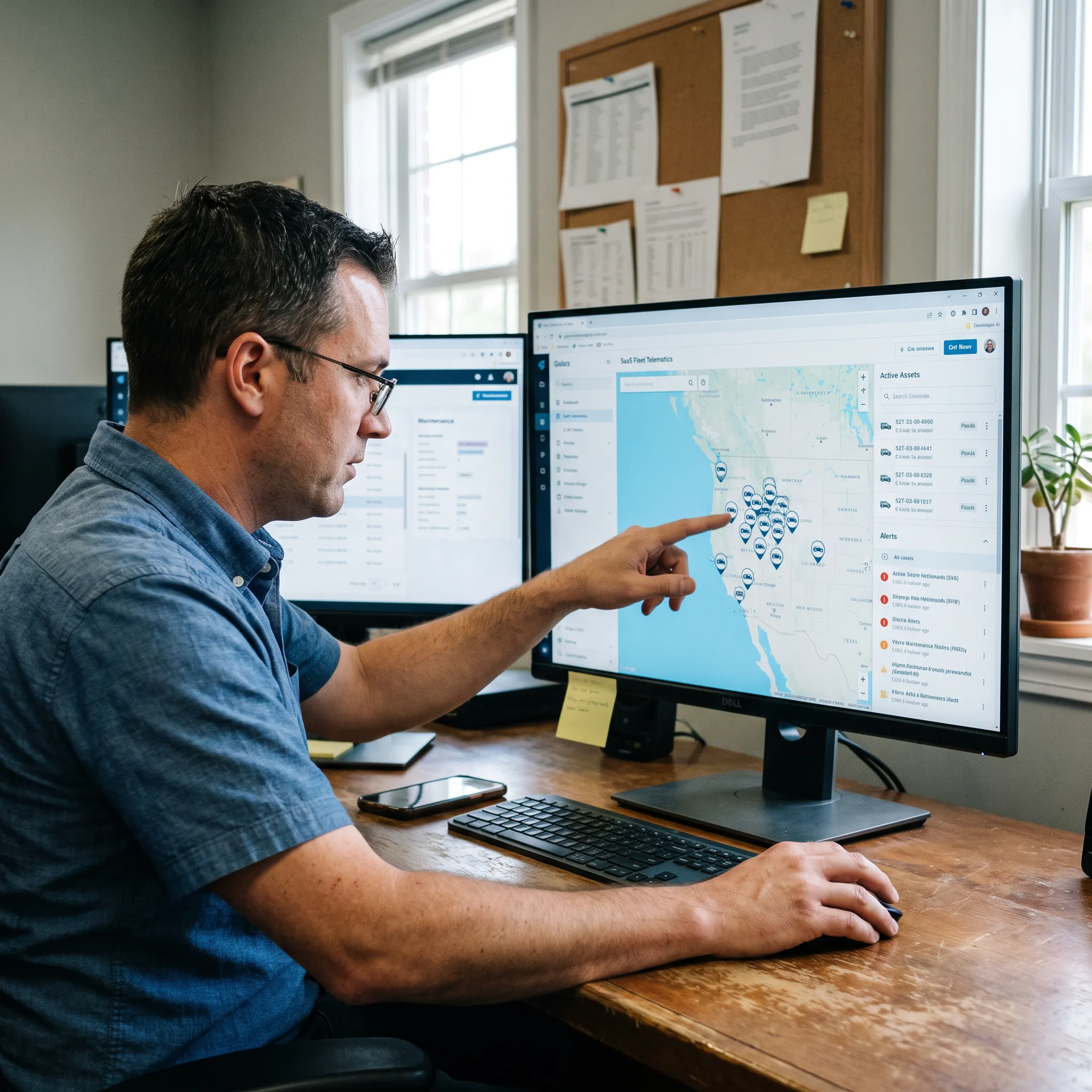 Fleet manager reviewing vehicle and equipment locations on a tracking dashboard