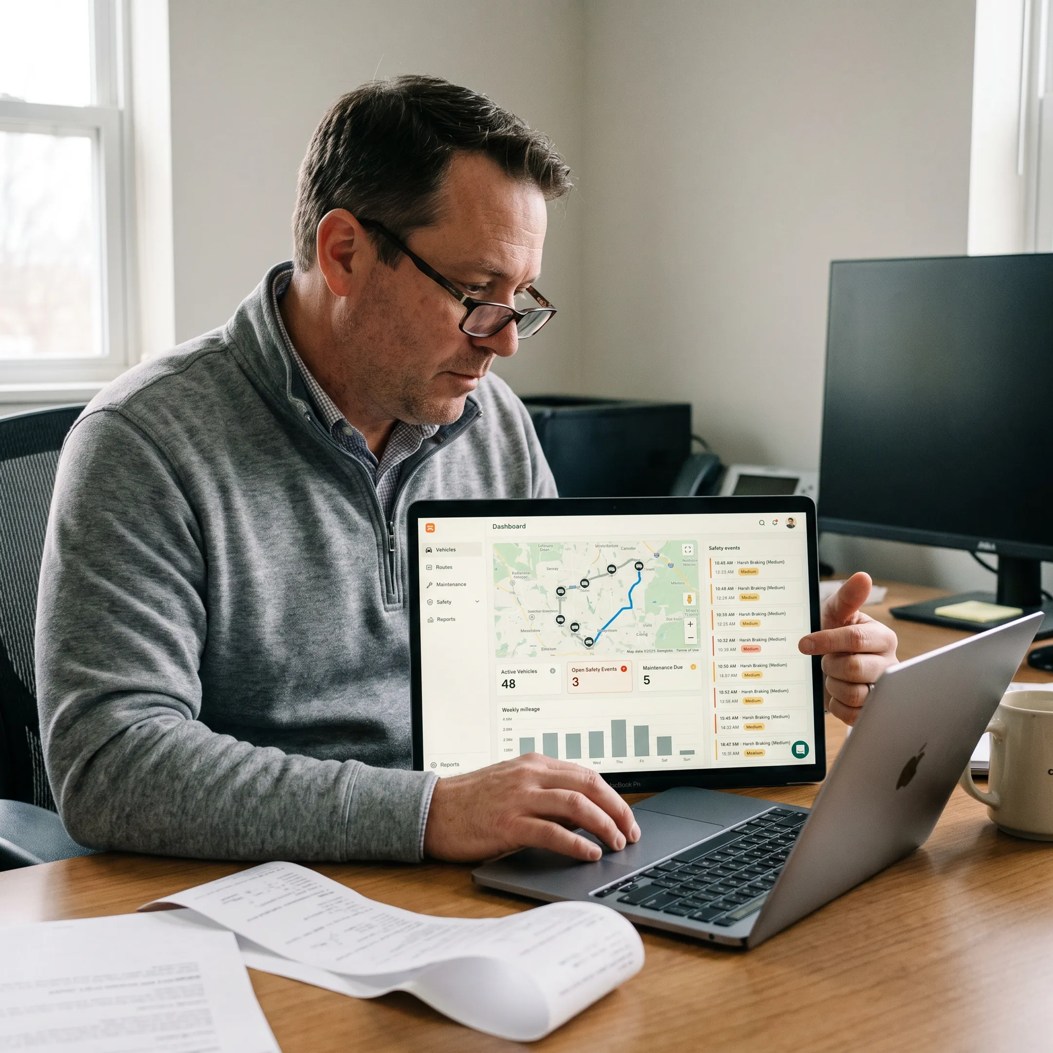 Operations manager monitoring vehicles and equipment through fleet software