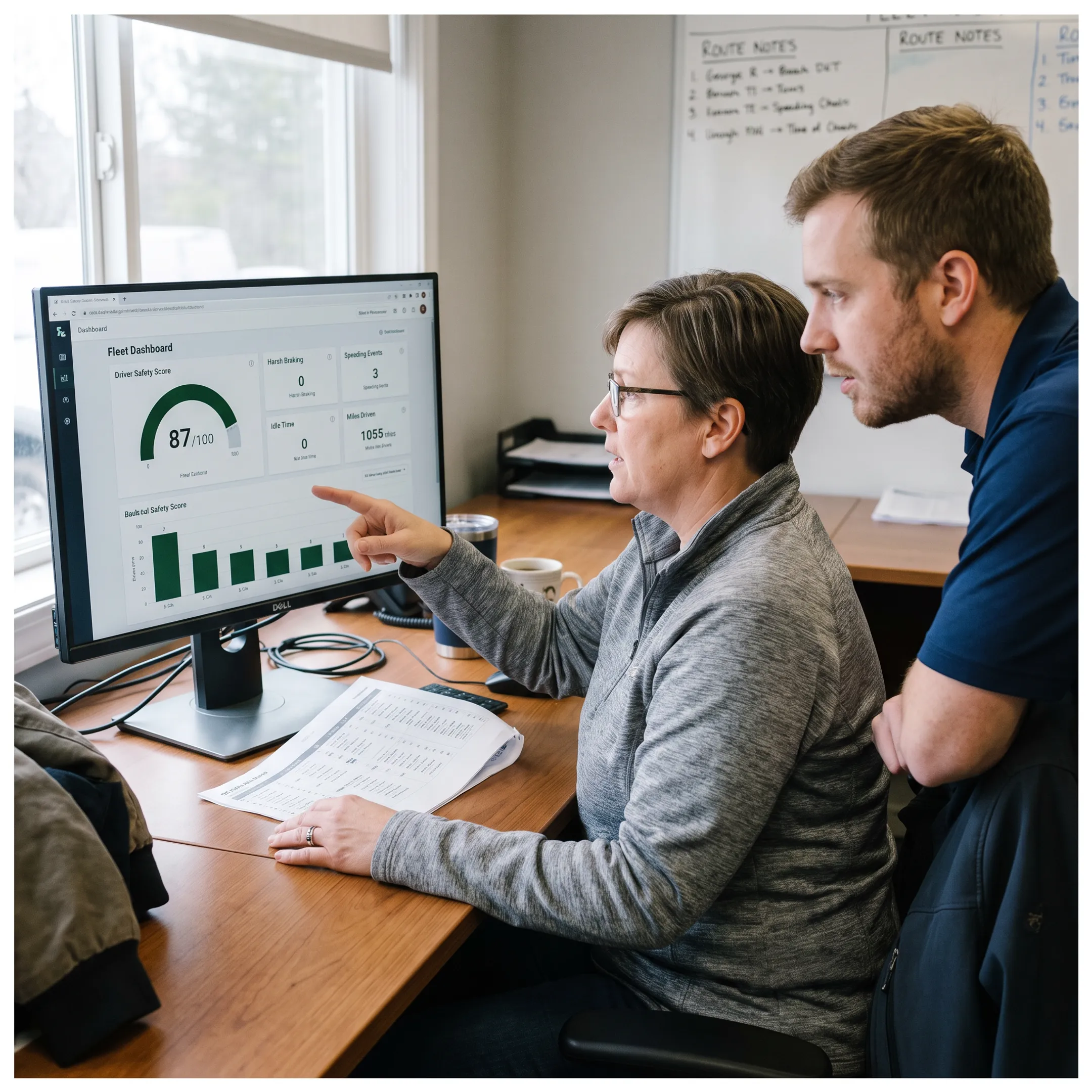 Fleet manager coaching a commercial driver using safety performance data