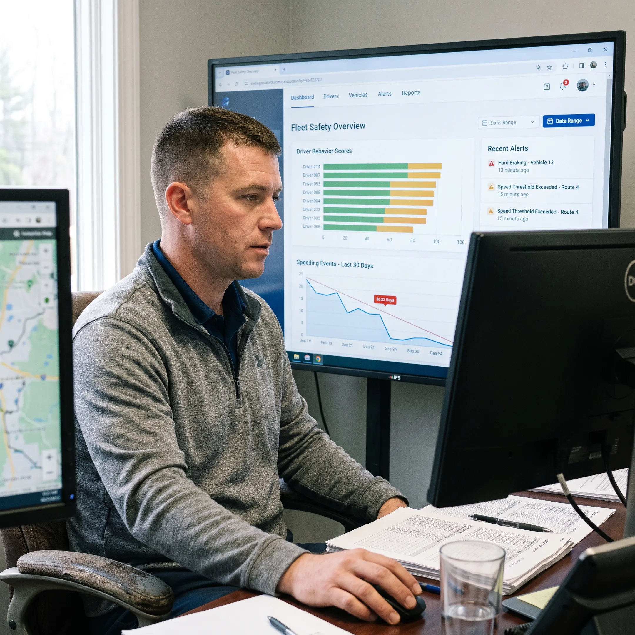 Manager reviewing fleet driver safety dashboard