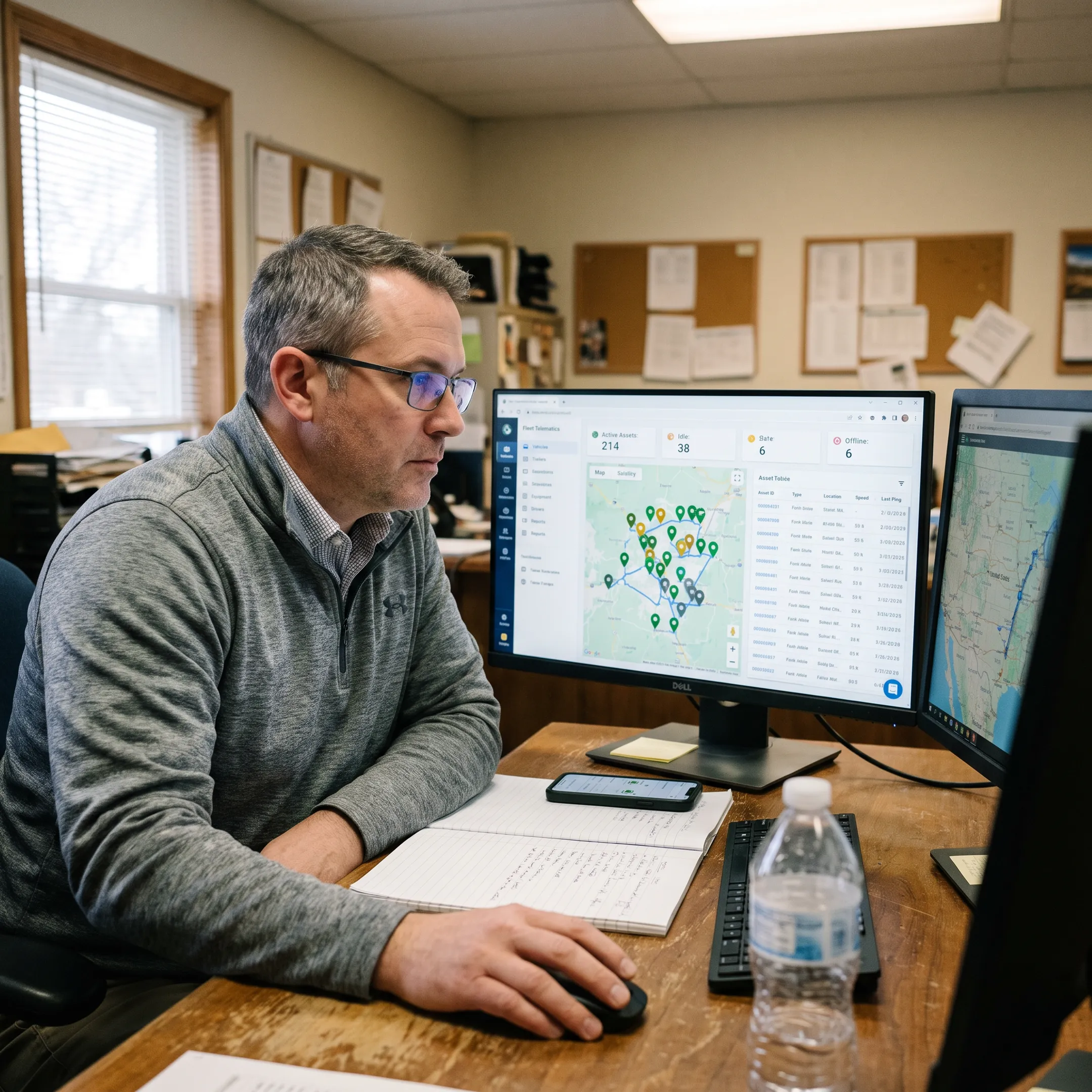 Manager reviewing tracked oil and gas equipment