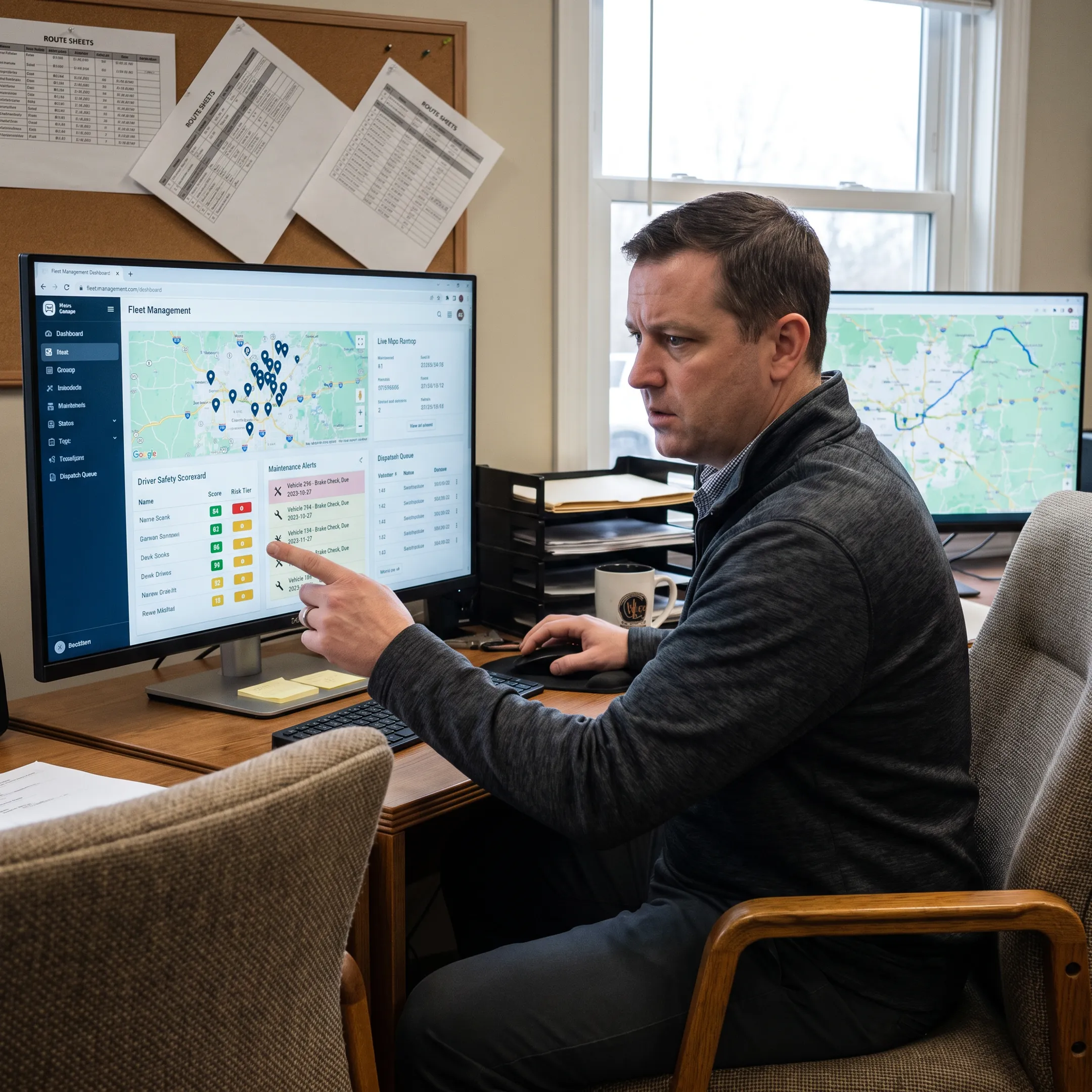 Fleet manager reviewing vehicle tracking and driver safety data on a digital dashboard