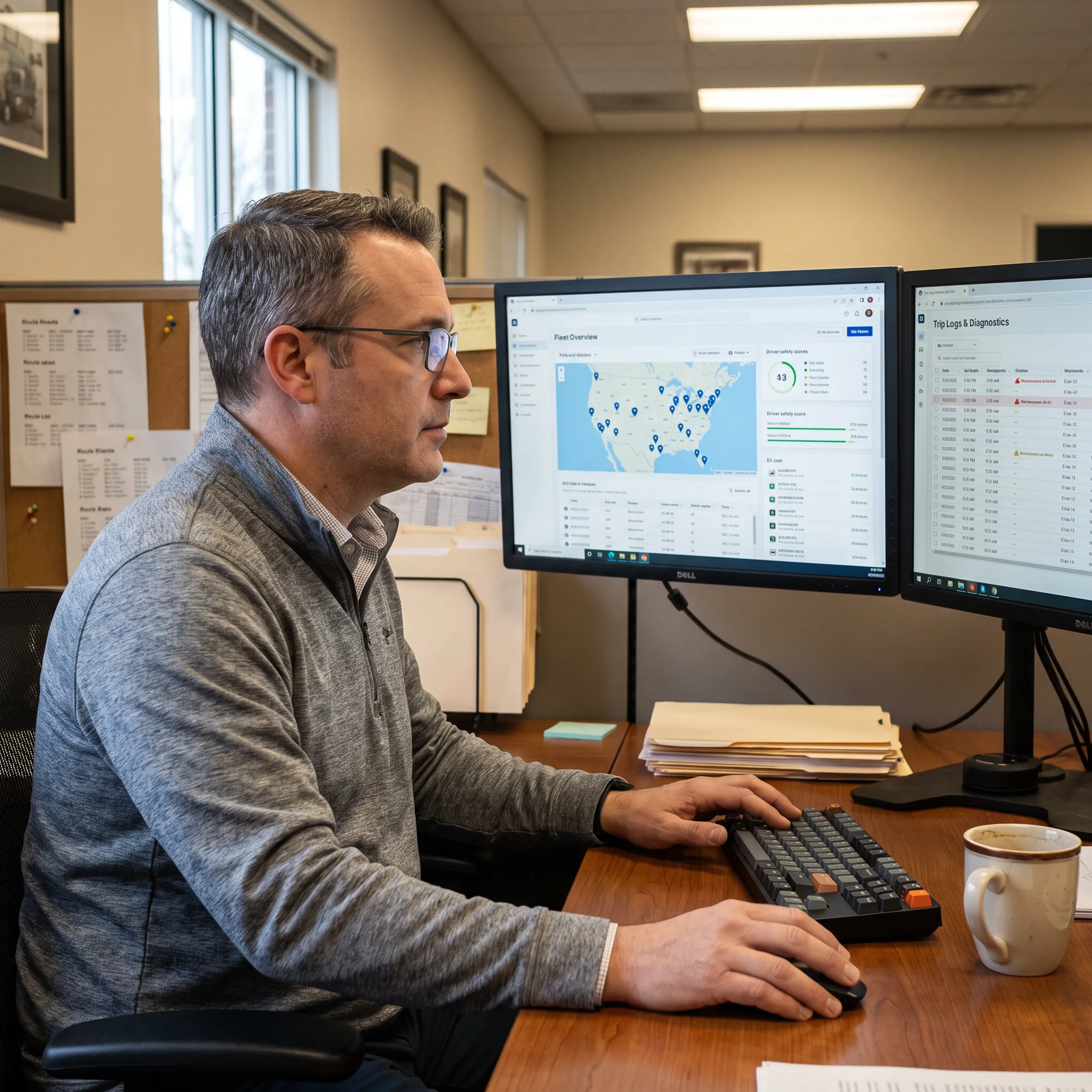 Fleet manager reviewing electric vehicle tracking data