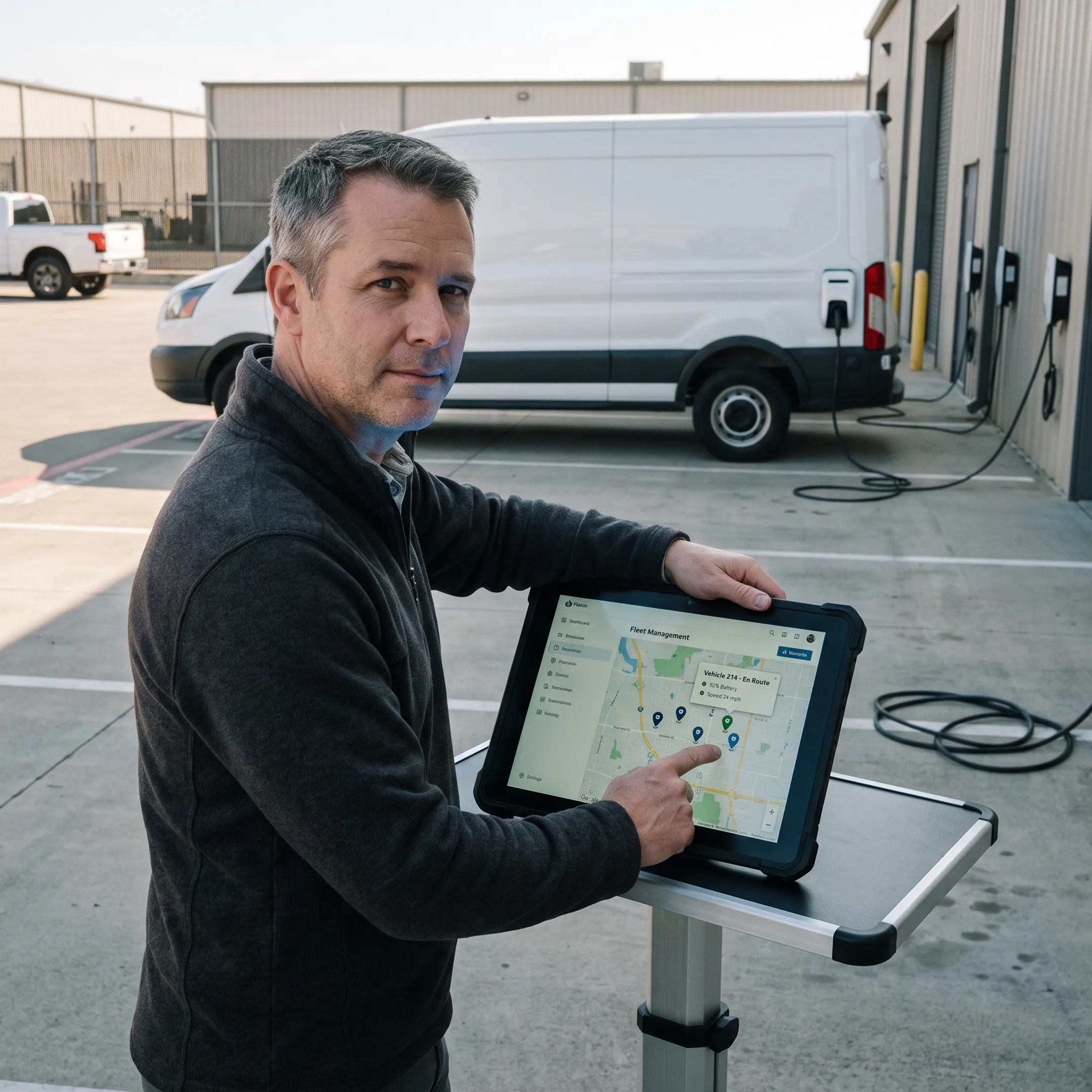 Electric fleet vehicles monitored on a live tracking dashboard