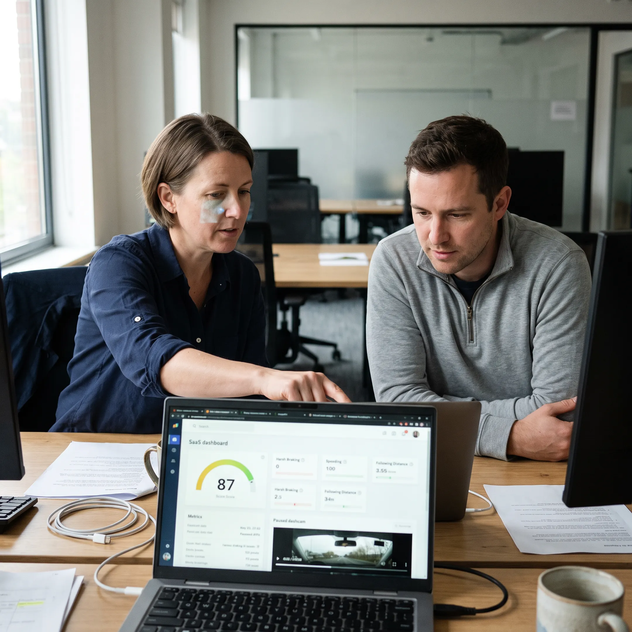 Fleet manager reviewing driver safety training data with a professional driver