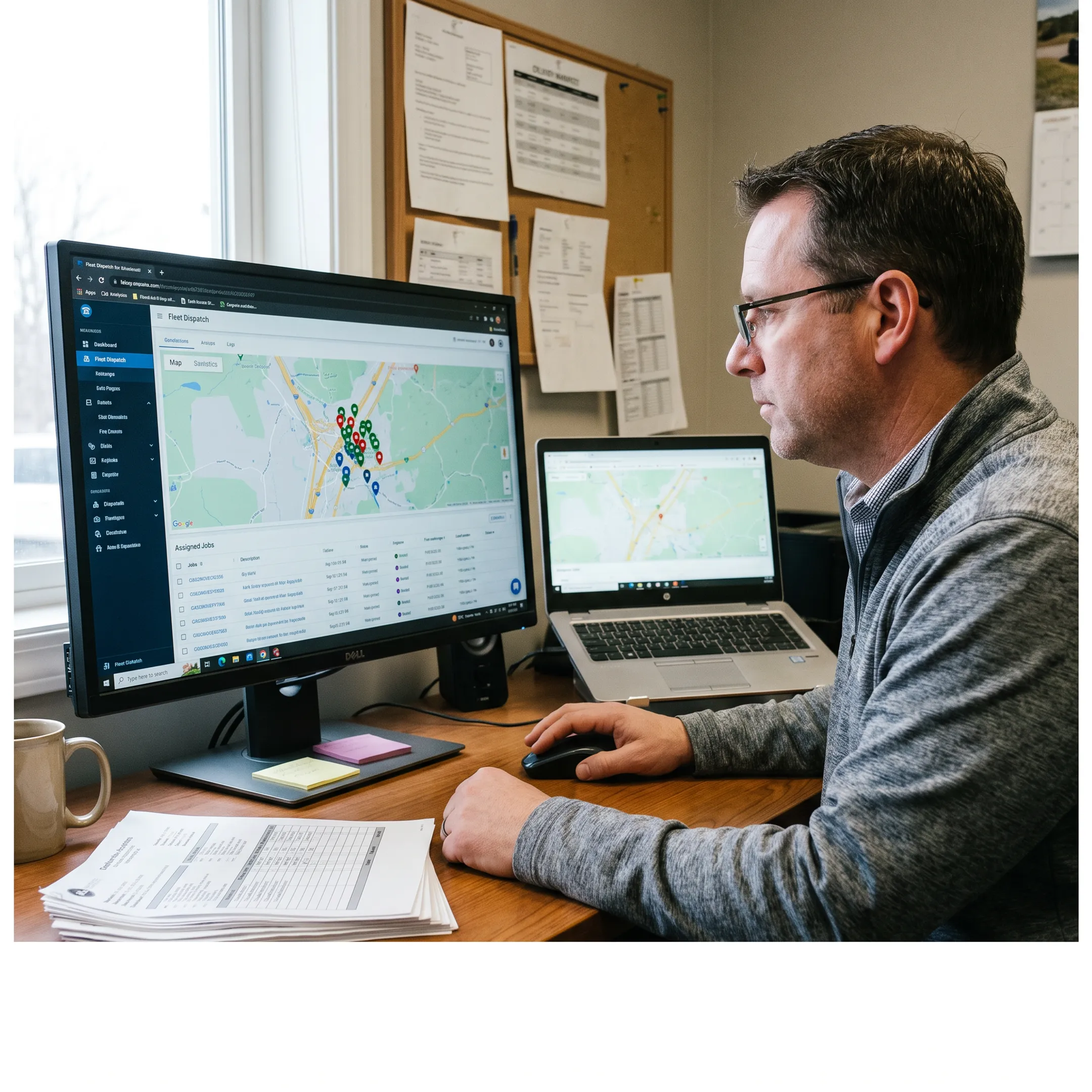 Fleet manager reviewing dispatch and vehicle data