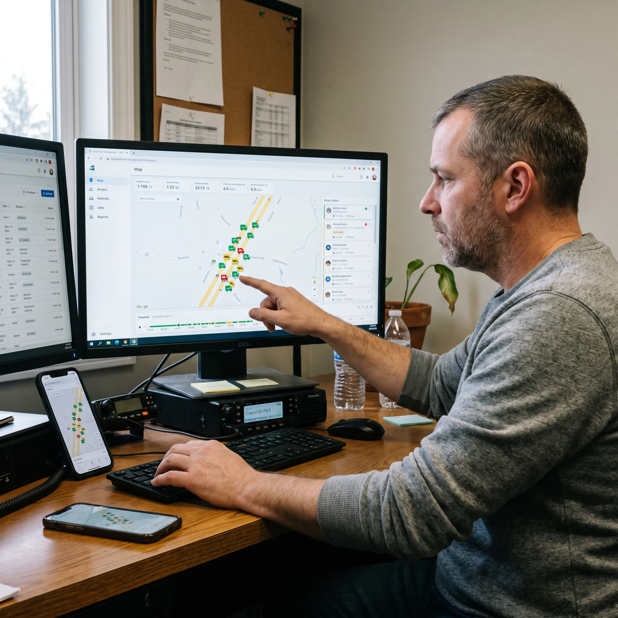 Dispatcher monitoring trucks on a digital fleet map