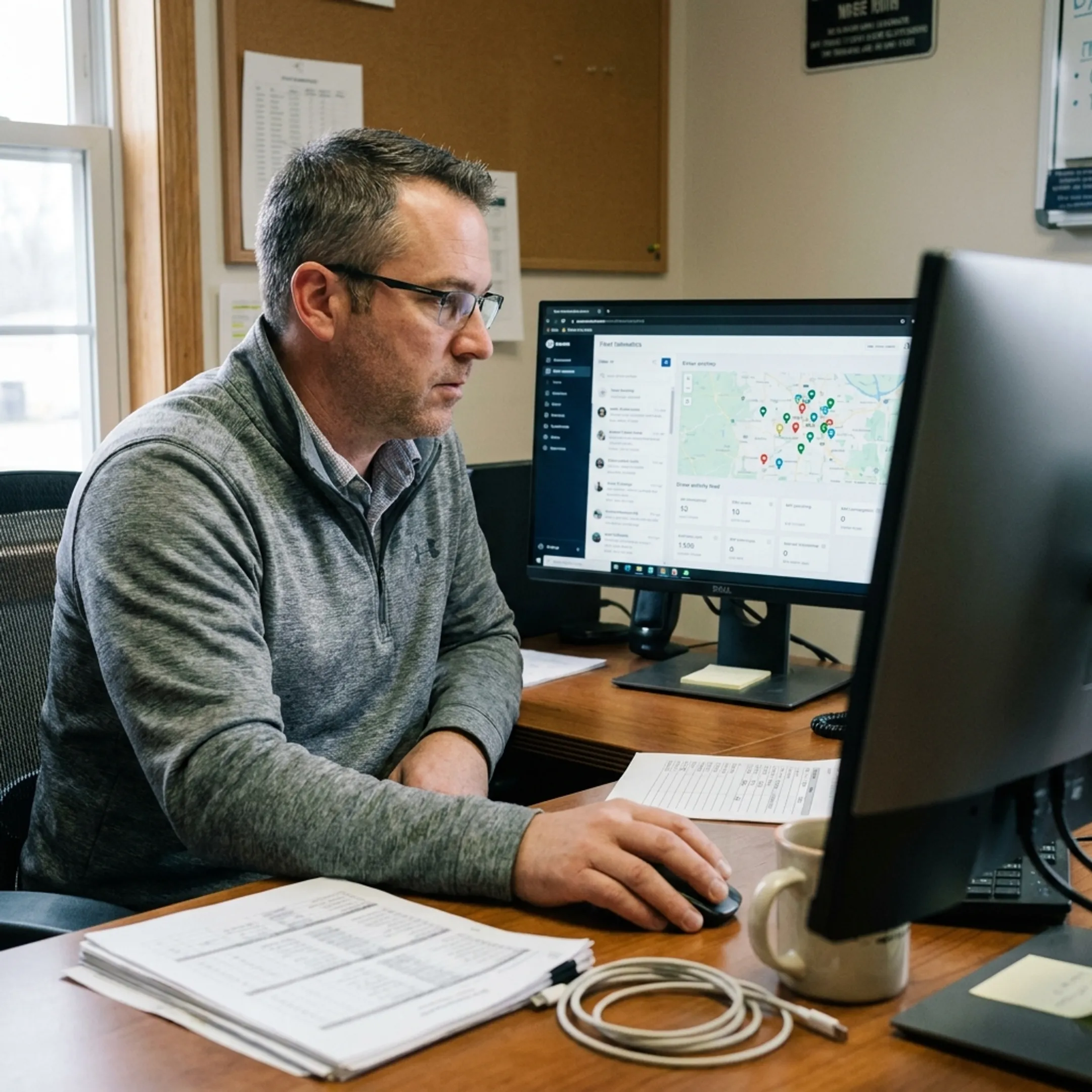 Fleet manager viewing live GPS vehicle locations on a tracking dashboard