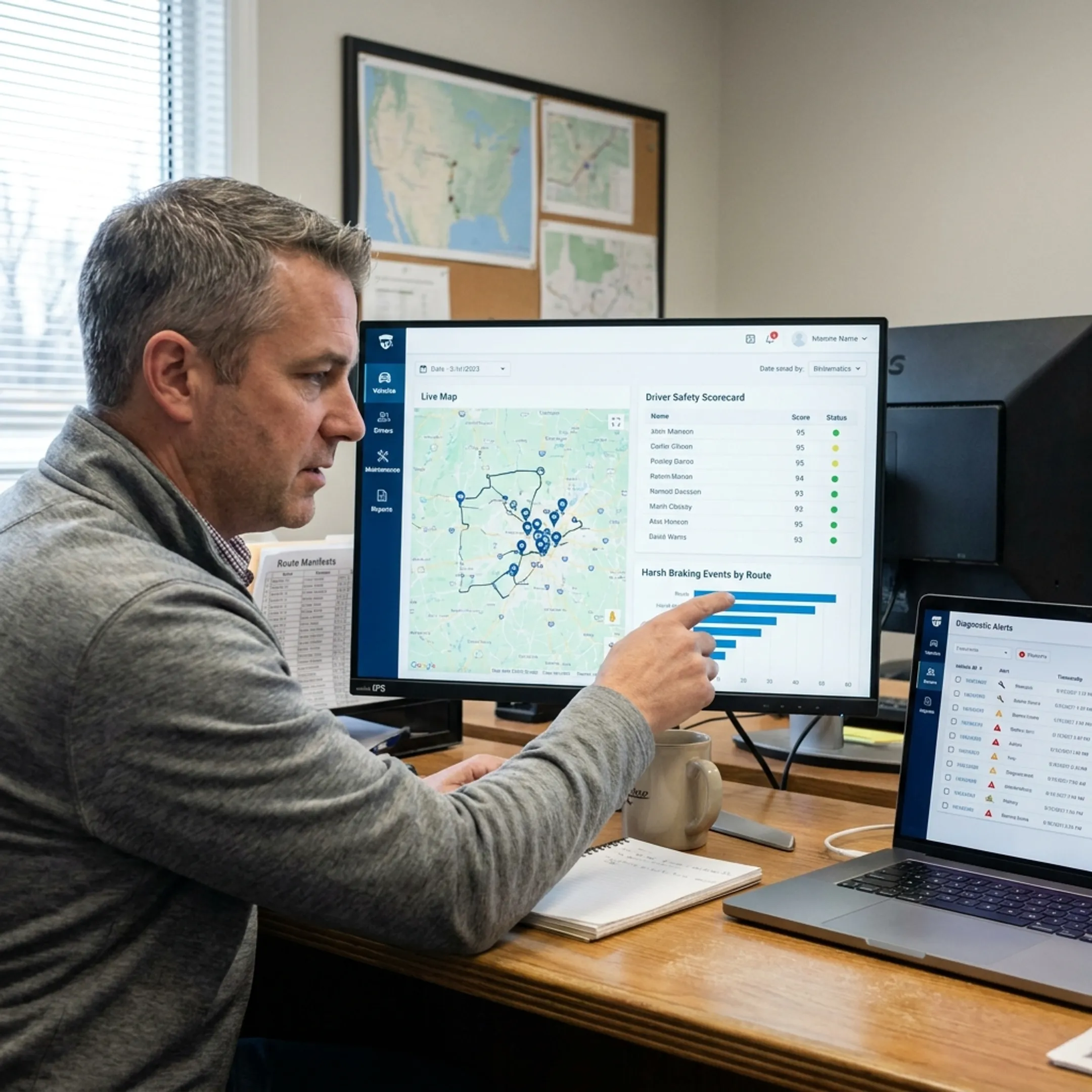 Fleet manager analyzing vehicle and driver performance data
