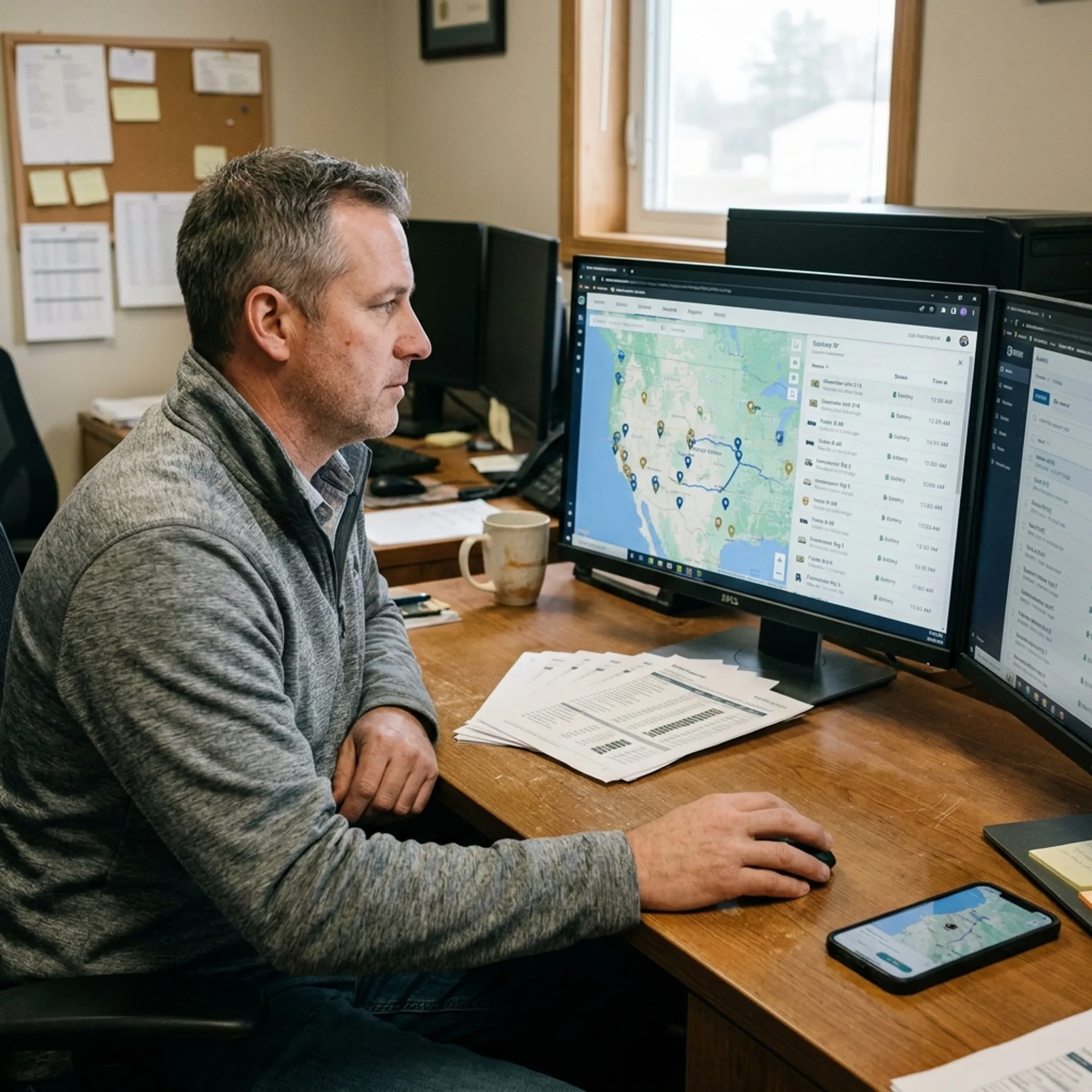 Technician viewing equipment locations on a remote monitoring dashboard