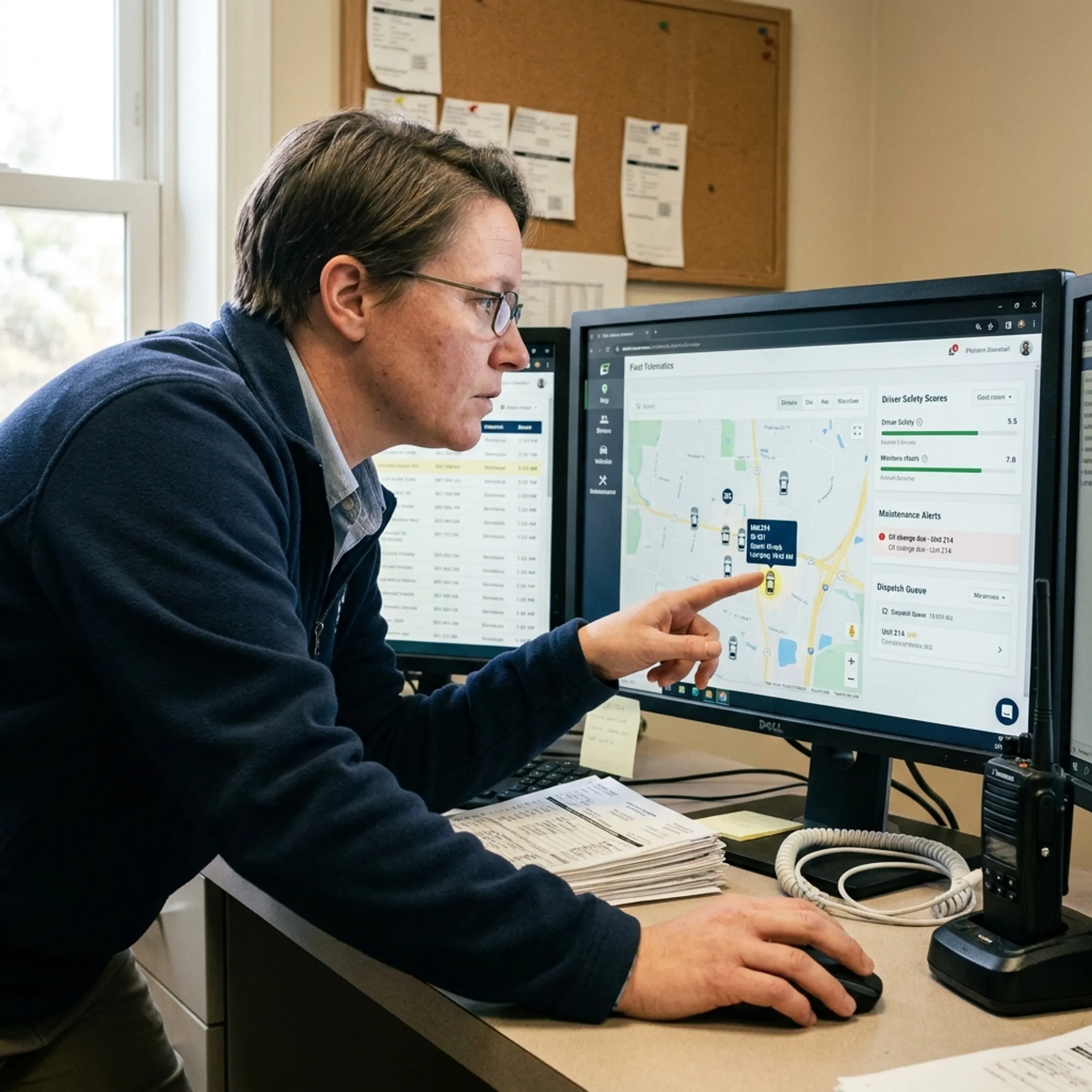 Towing operations manager reviewing fleet tracking and dispatch software