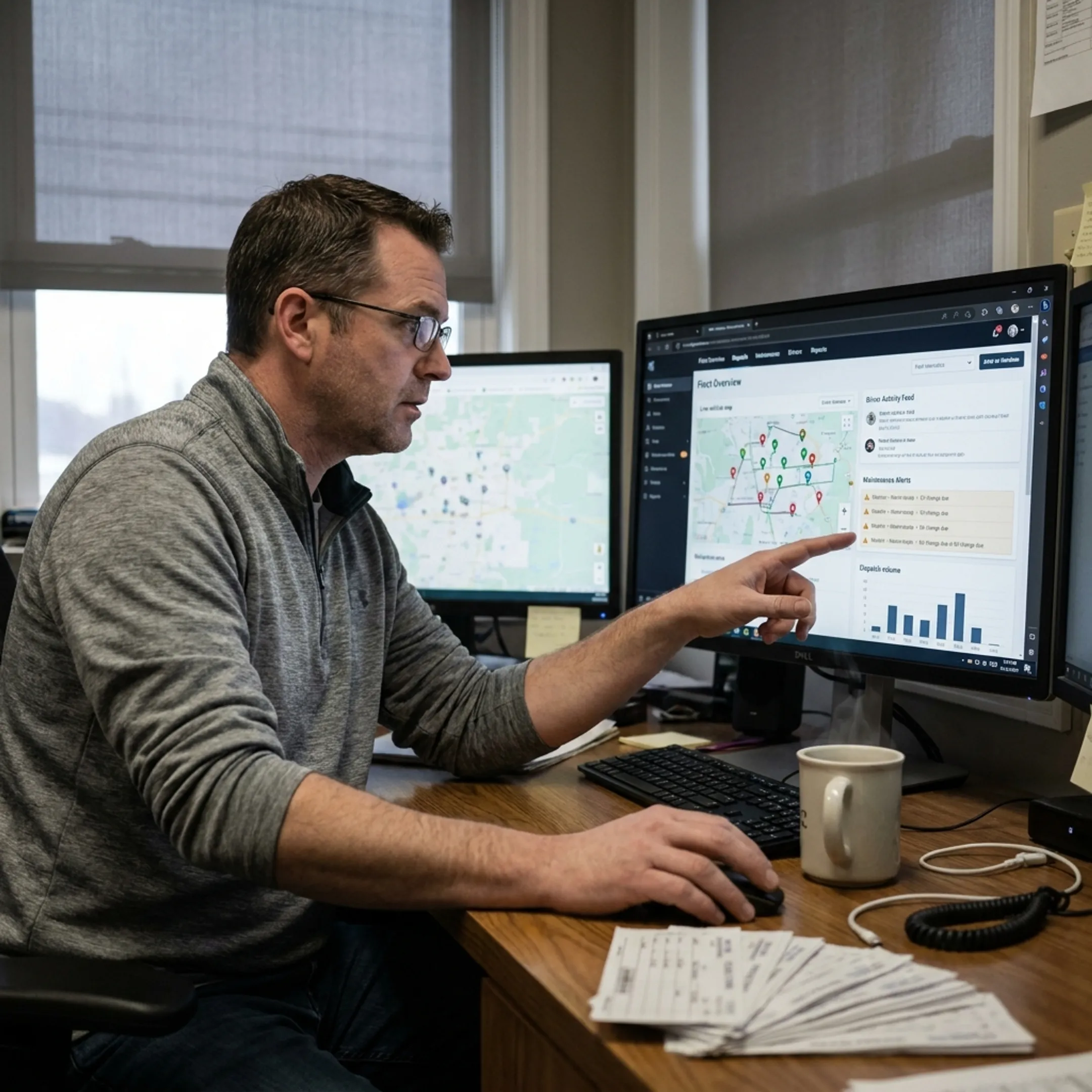 Towing fleet manager monitoring vehicles and dispatch activity on software dashboard