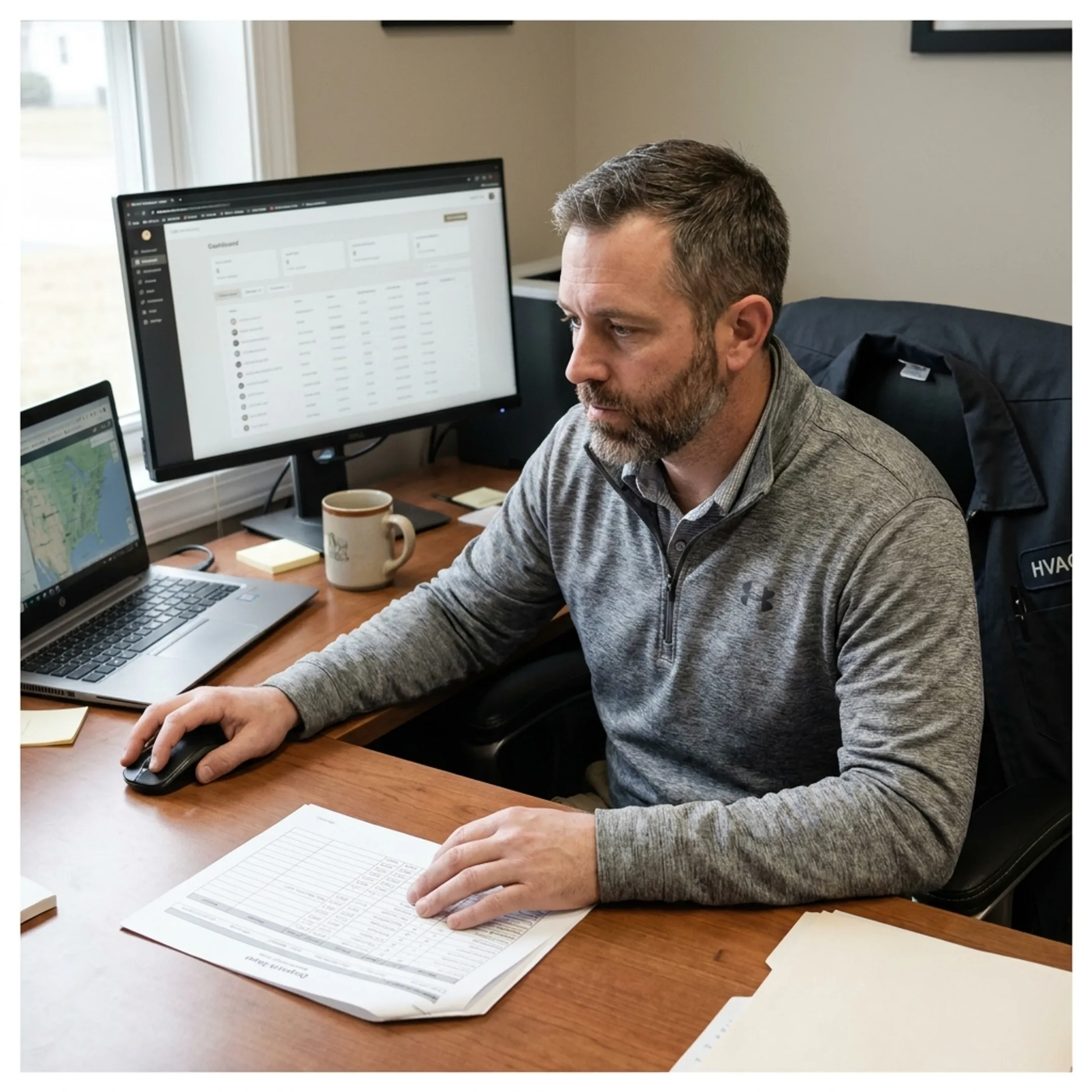 HVAC fleet manager reviewing software dashboard