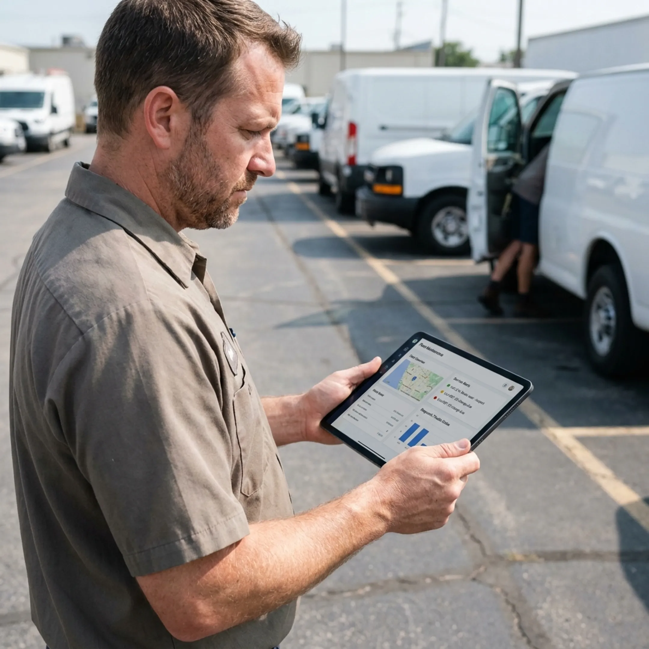 Fleet manager reviewing predictive maintenance data beside service vehicles