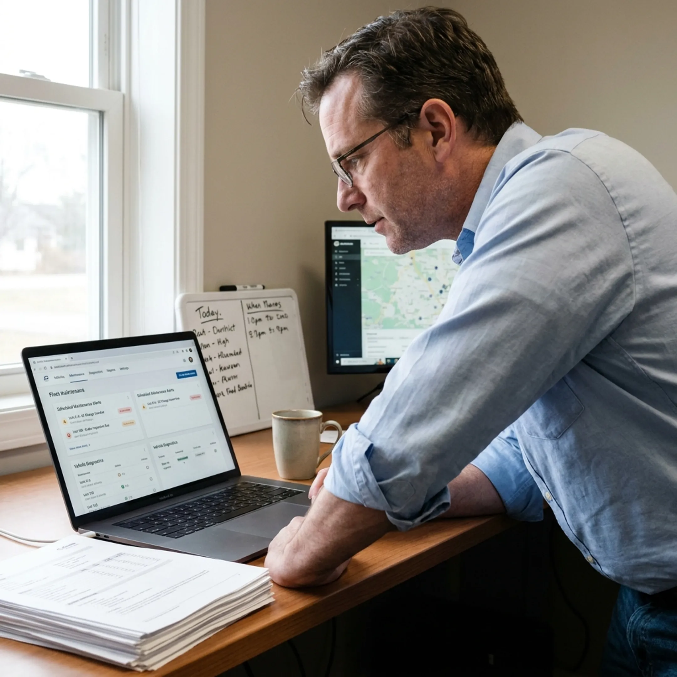 Manager reviewing vehicle maintenance alerts on a laptop
