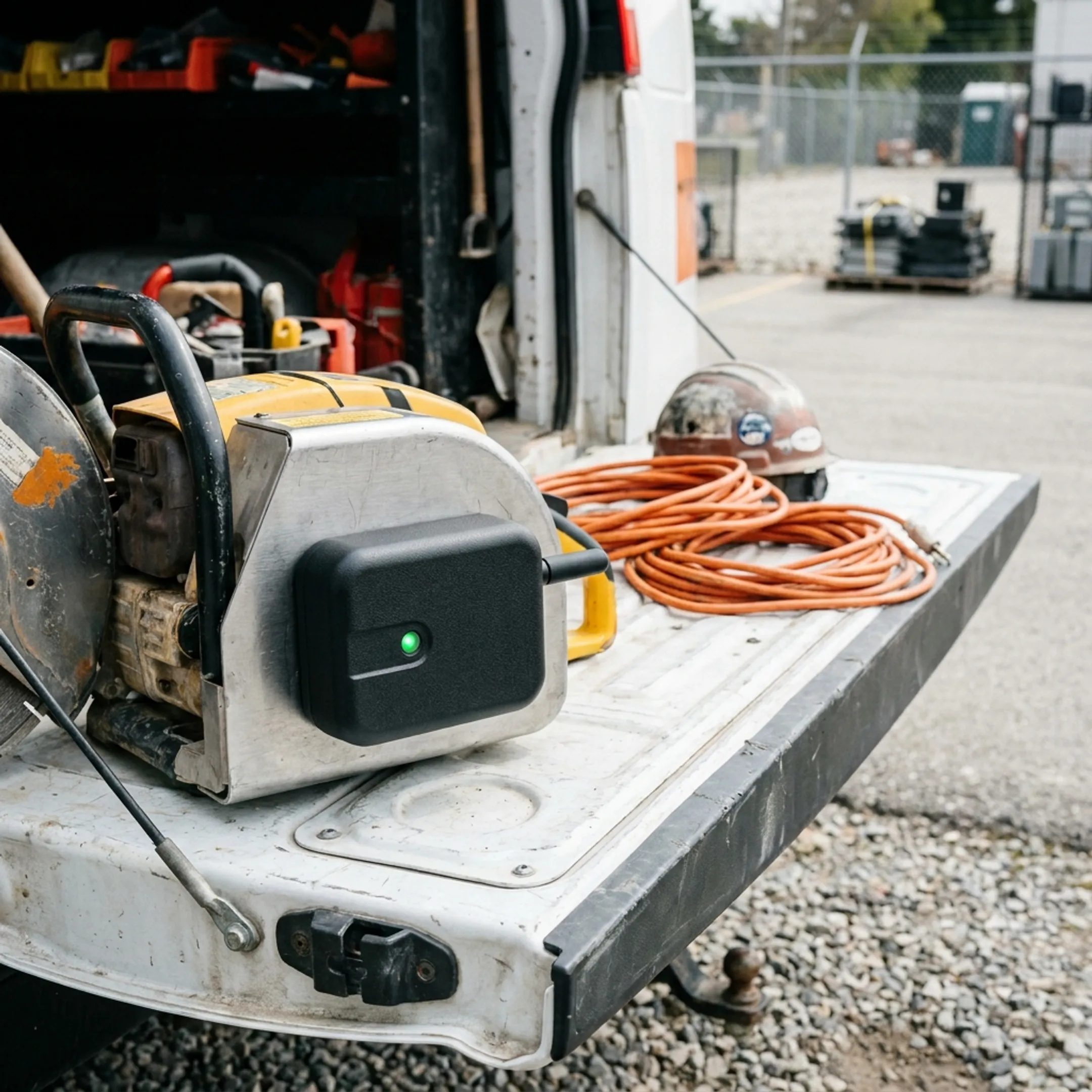 Bluetooth tracking beacon attached to a tool beside a fleet vehicle