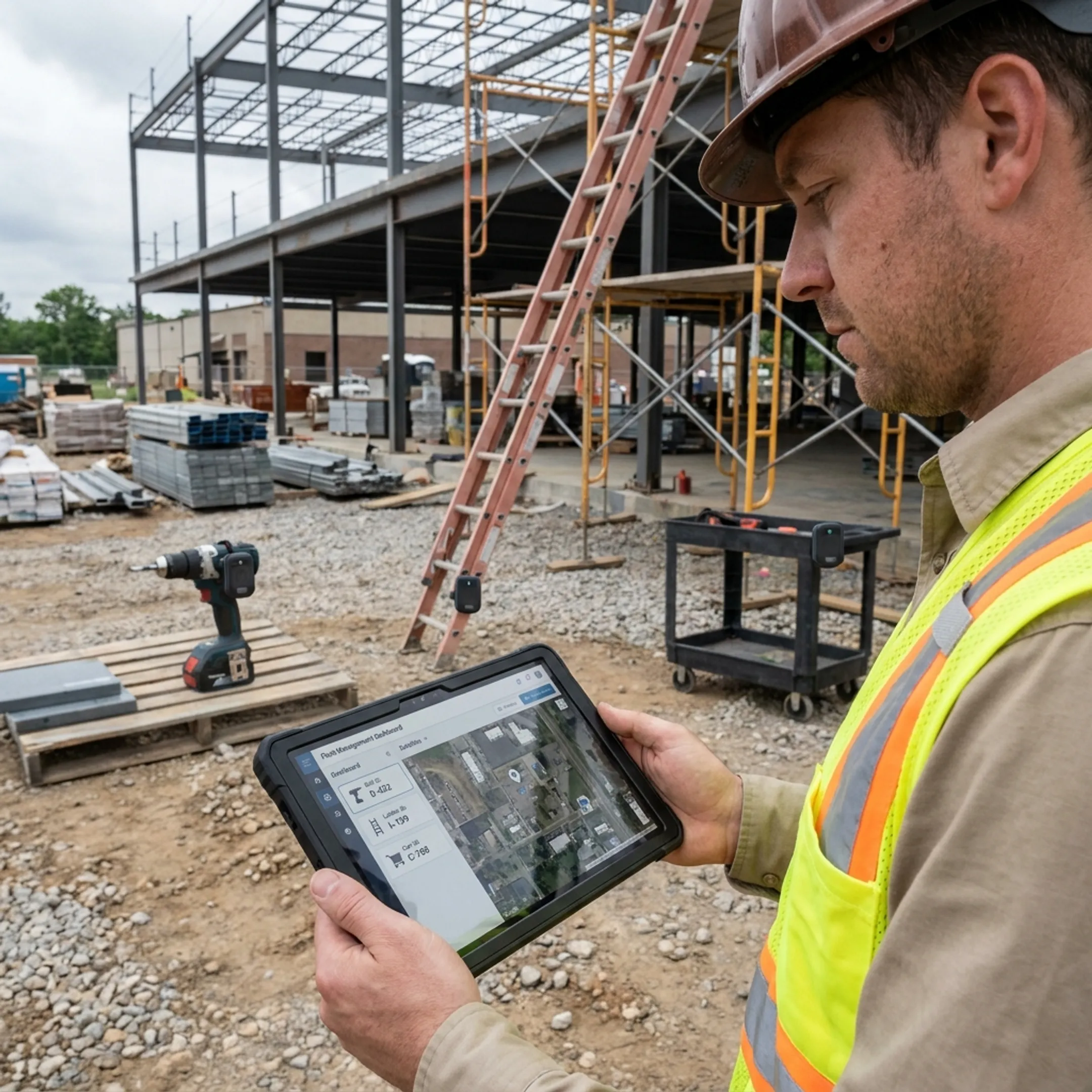 Worker locating tagged tools on a busy job site using a tracking dashboard
