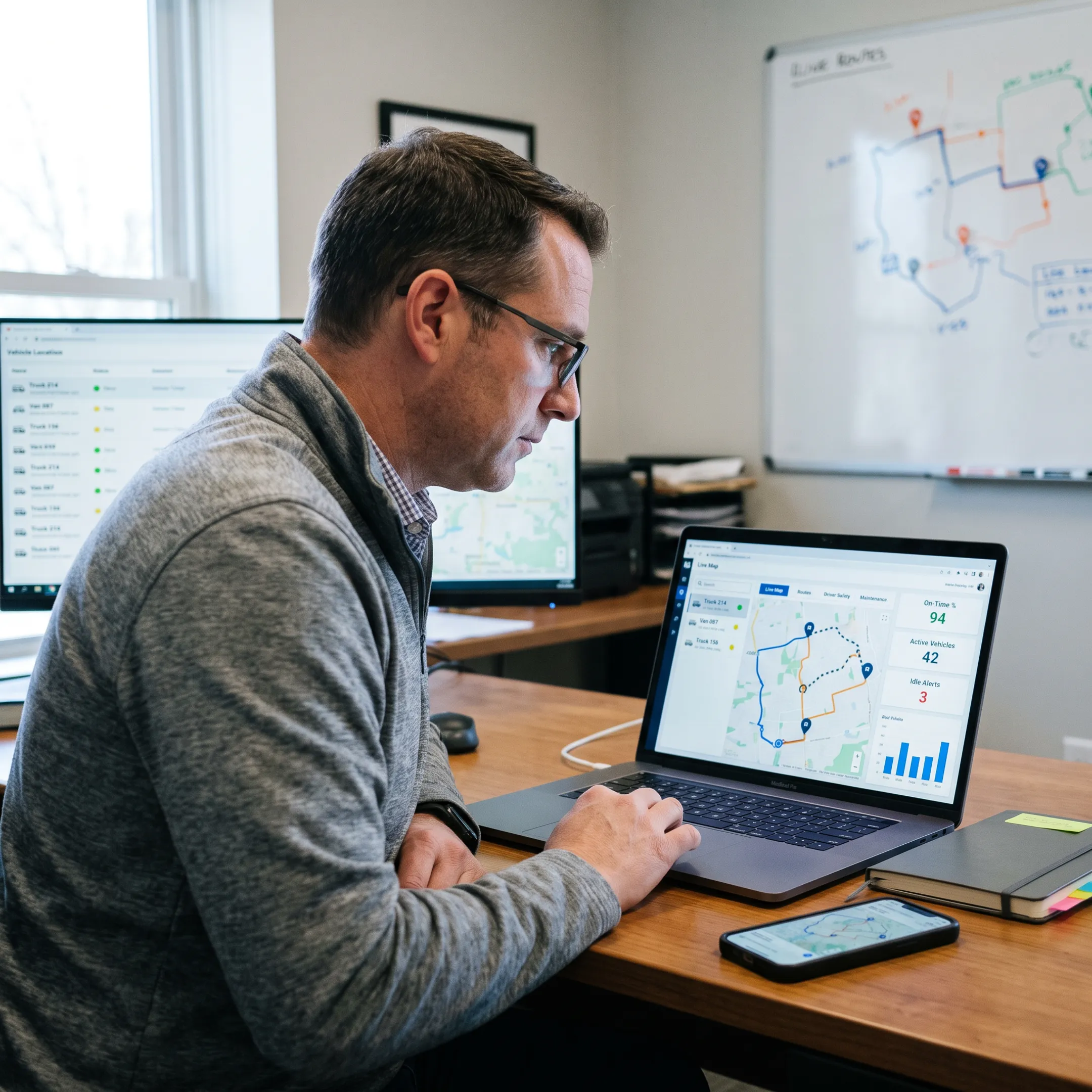 Fleet manager reviewing optimized routes on a laptop