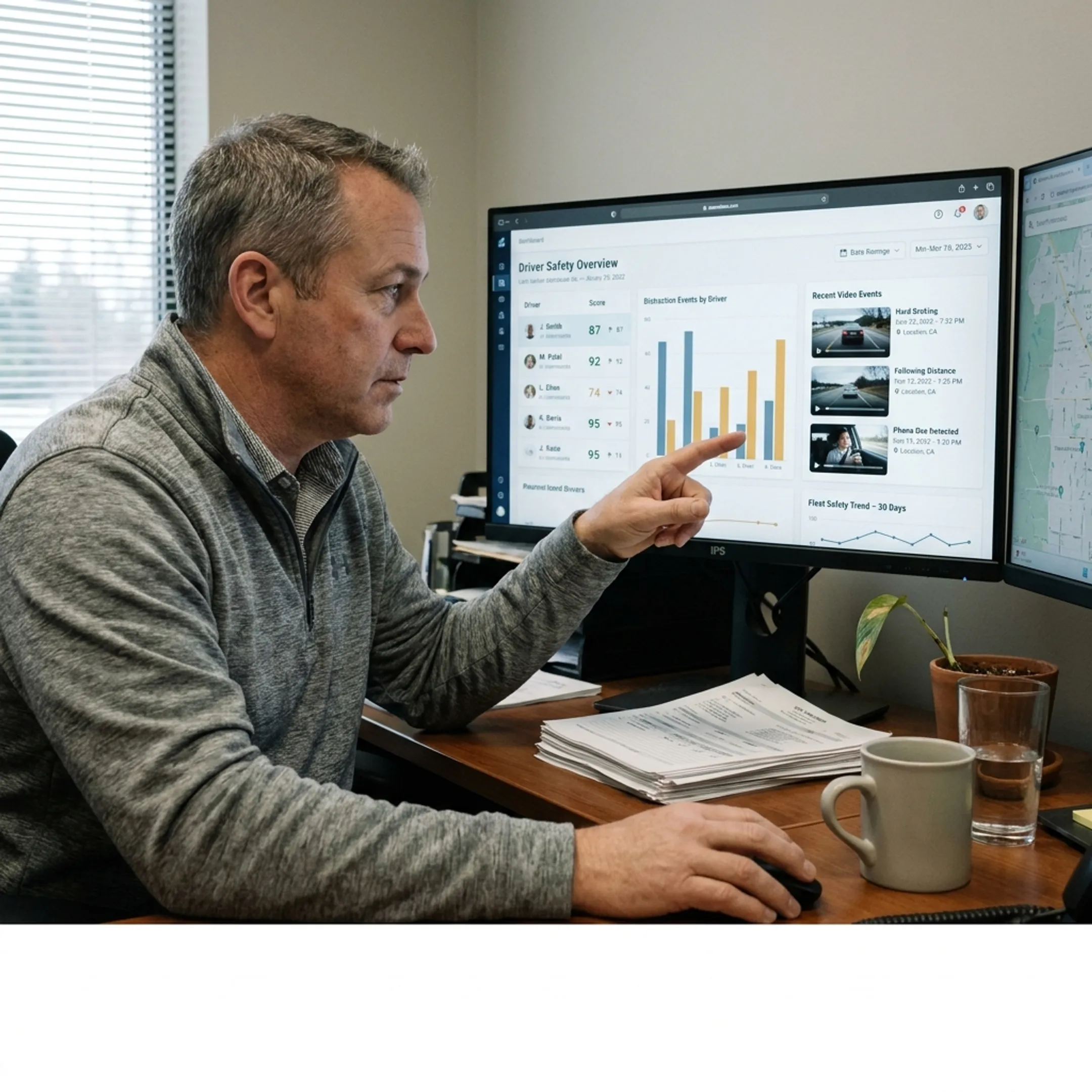 Fleet supervisor reviewing driver safety data and video insights