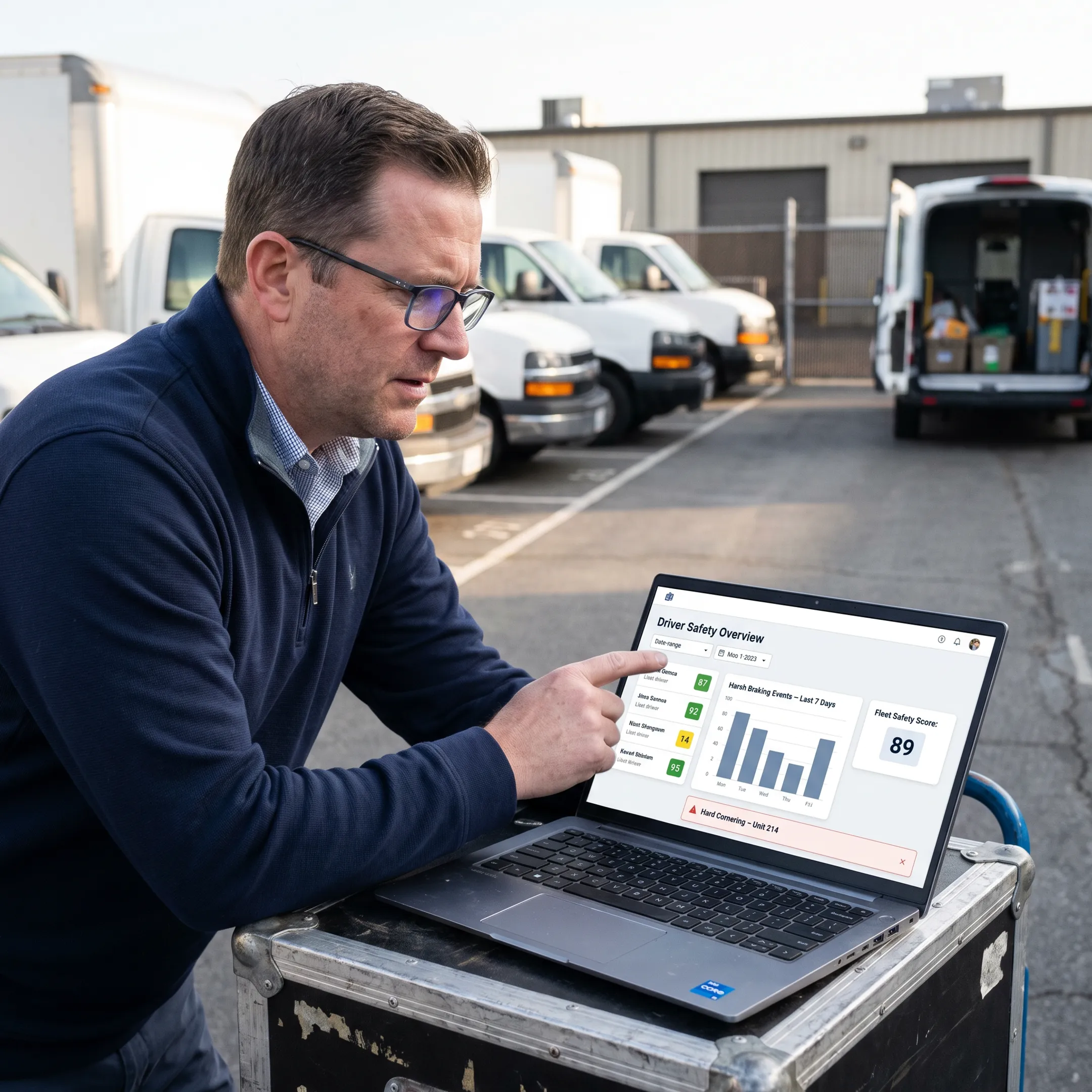 Fleet manager reviewing driver monitoring insights on a laptop beside a commercial vehicle