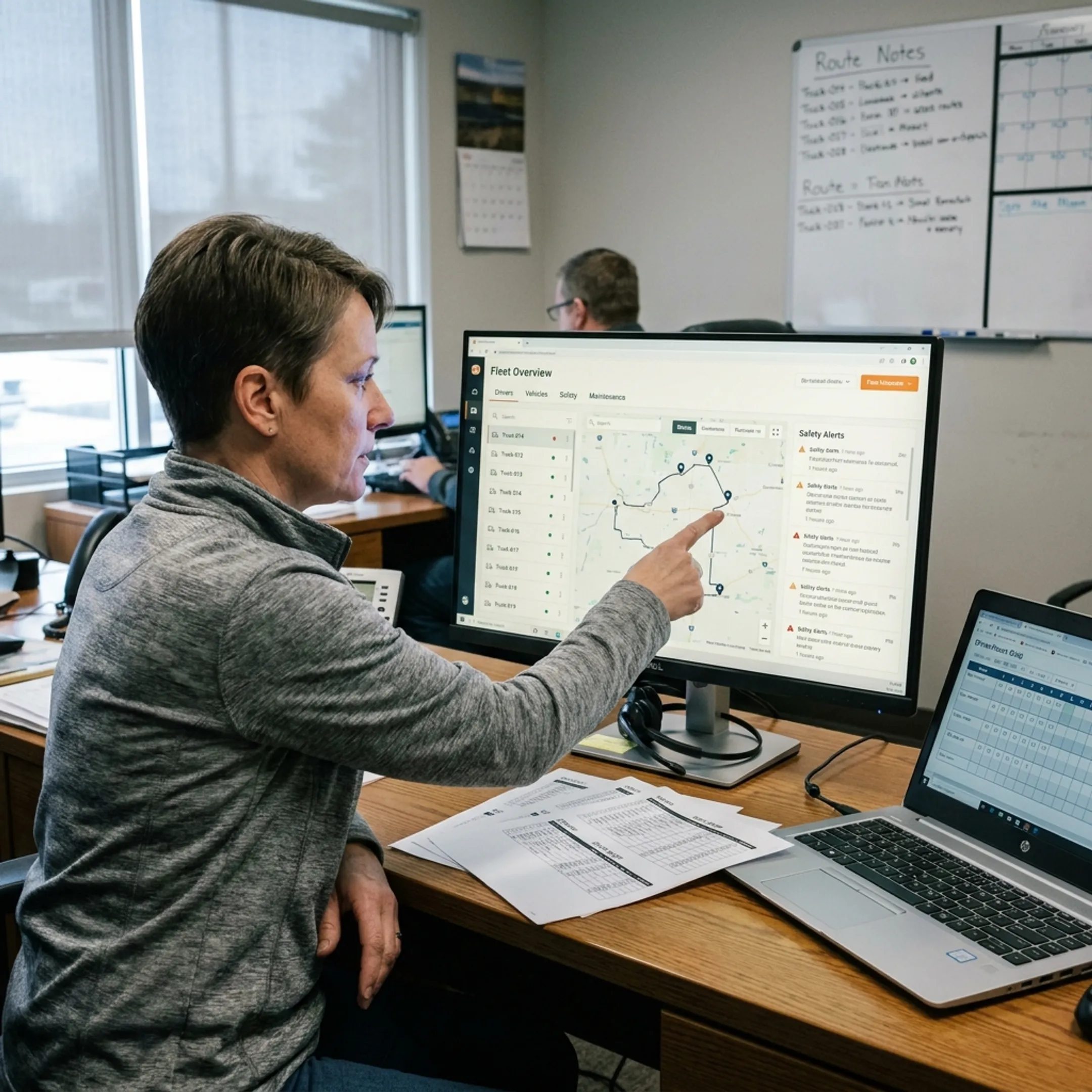 Fleet manager analyzing driver activity and trip records