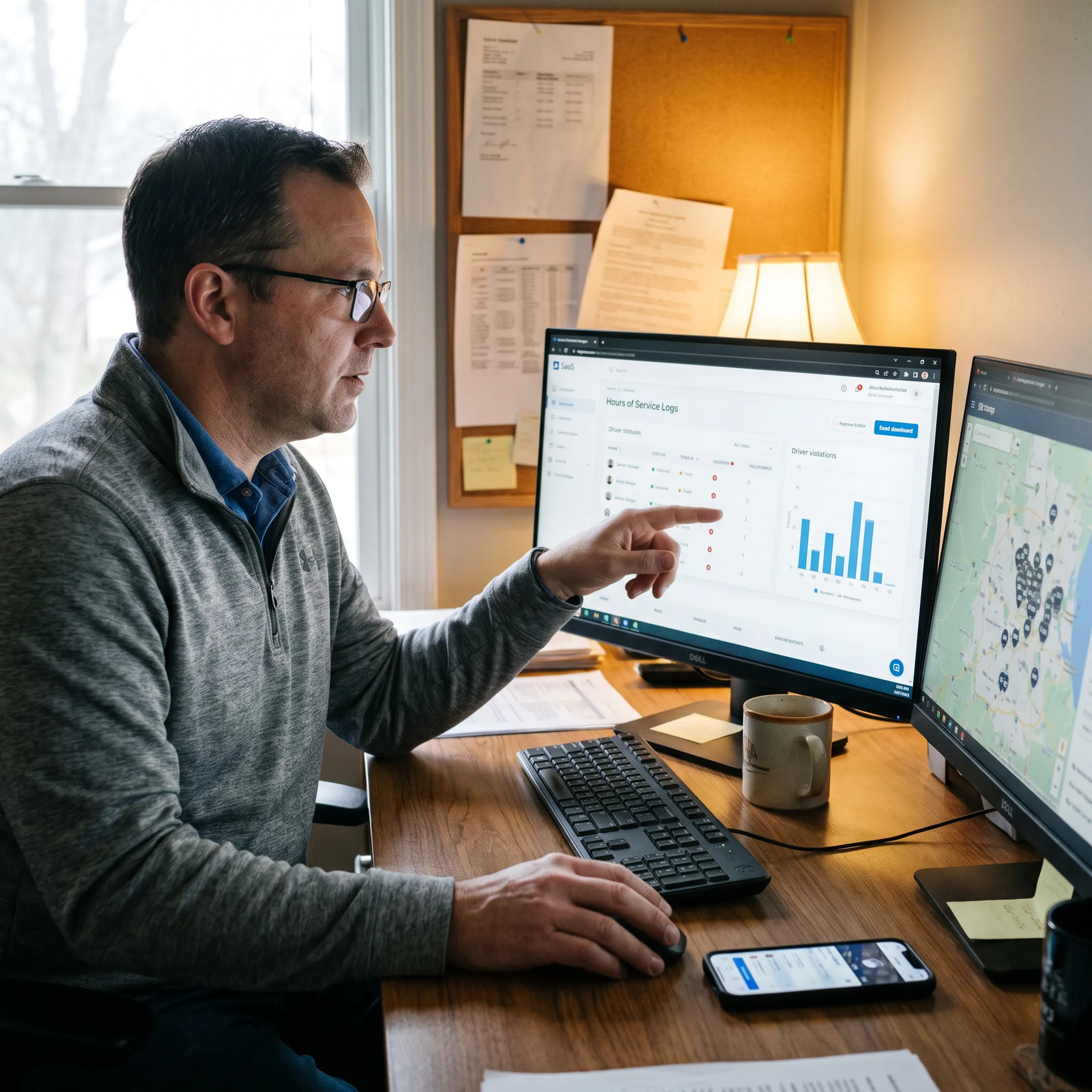 Fleet manager reviewing driver hours and vehicle activity on a digital dashboard
