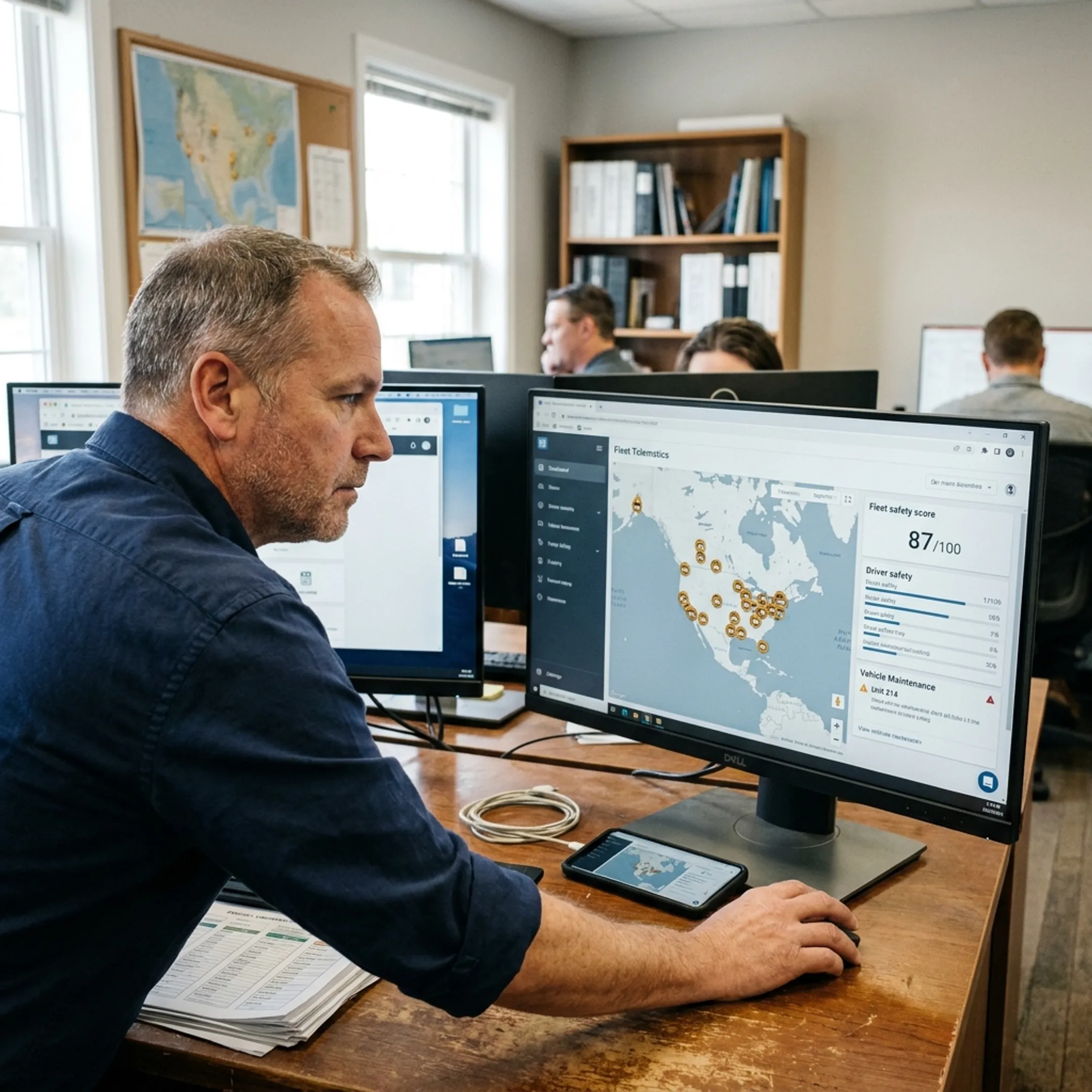 Trucking operations manager viewing fleet tracking and safety analytics
