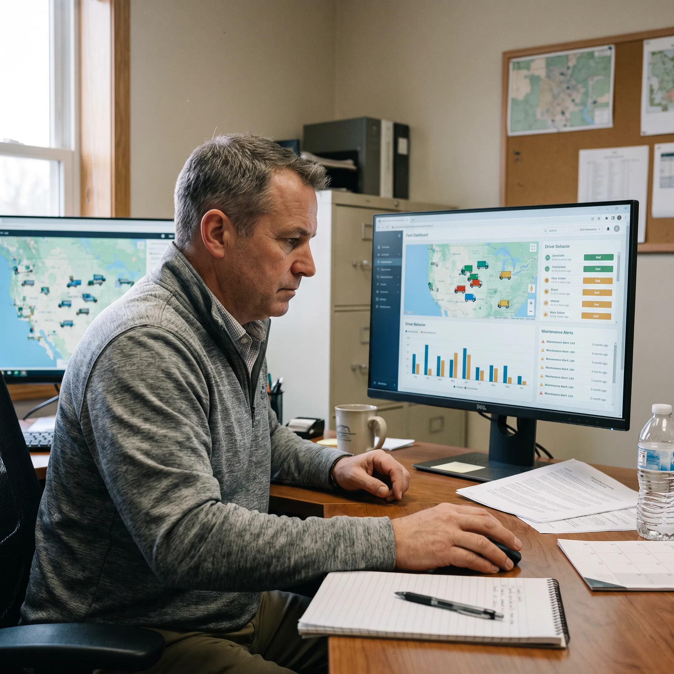 Fleet manager reviewing trucking software dashboard with vehicle locations and driver performance data