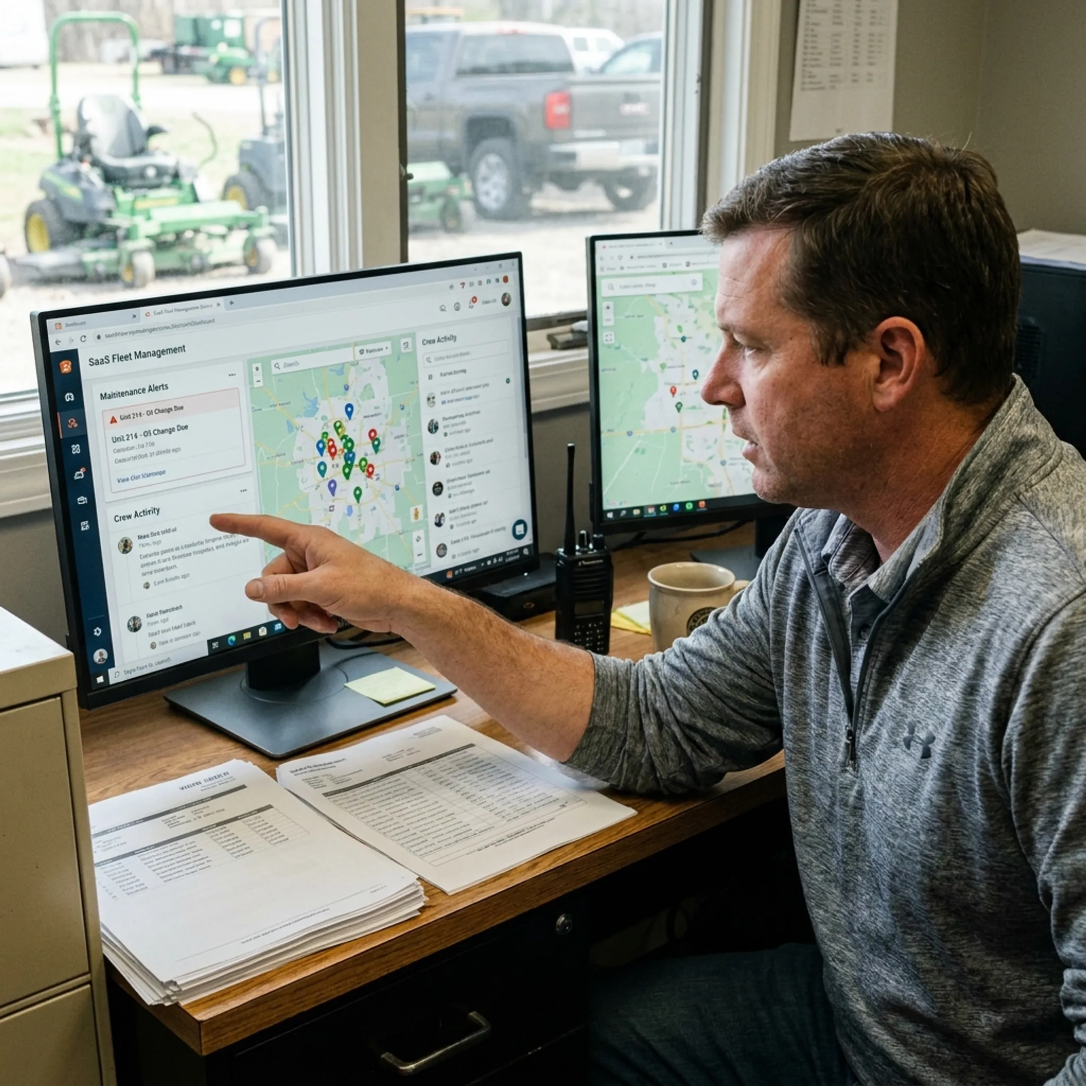 Landscaping manager reviewing vehicle and equipment locations