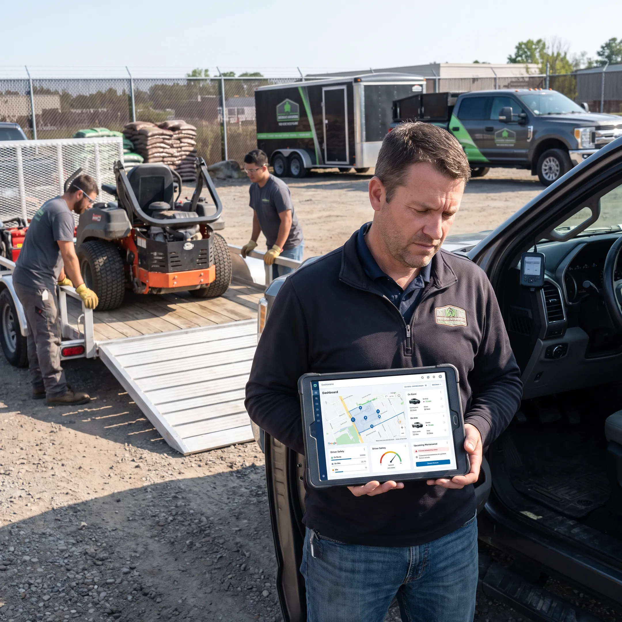 Landscaping crew vehicles and equipment monitored through fleet management software